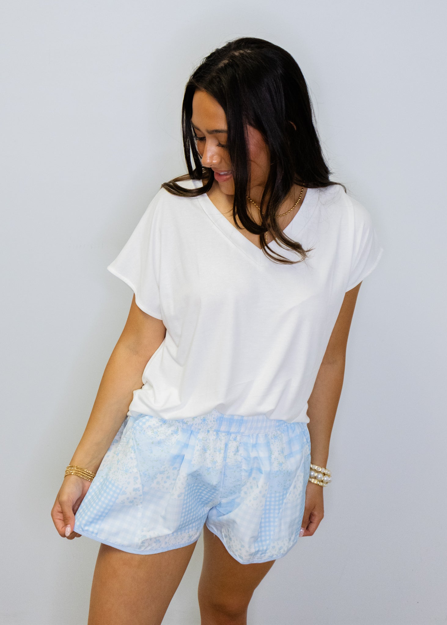 Blue Floral Patchwork Print Active Shorts