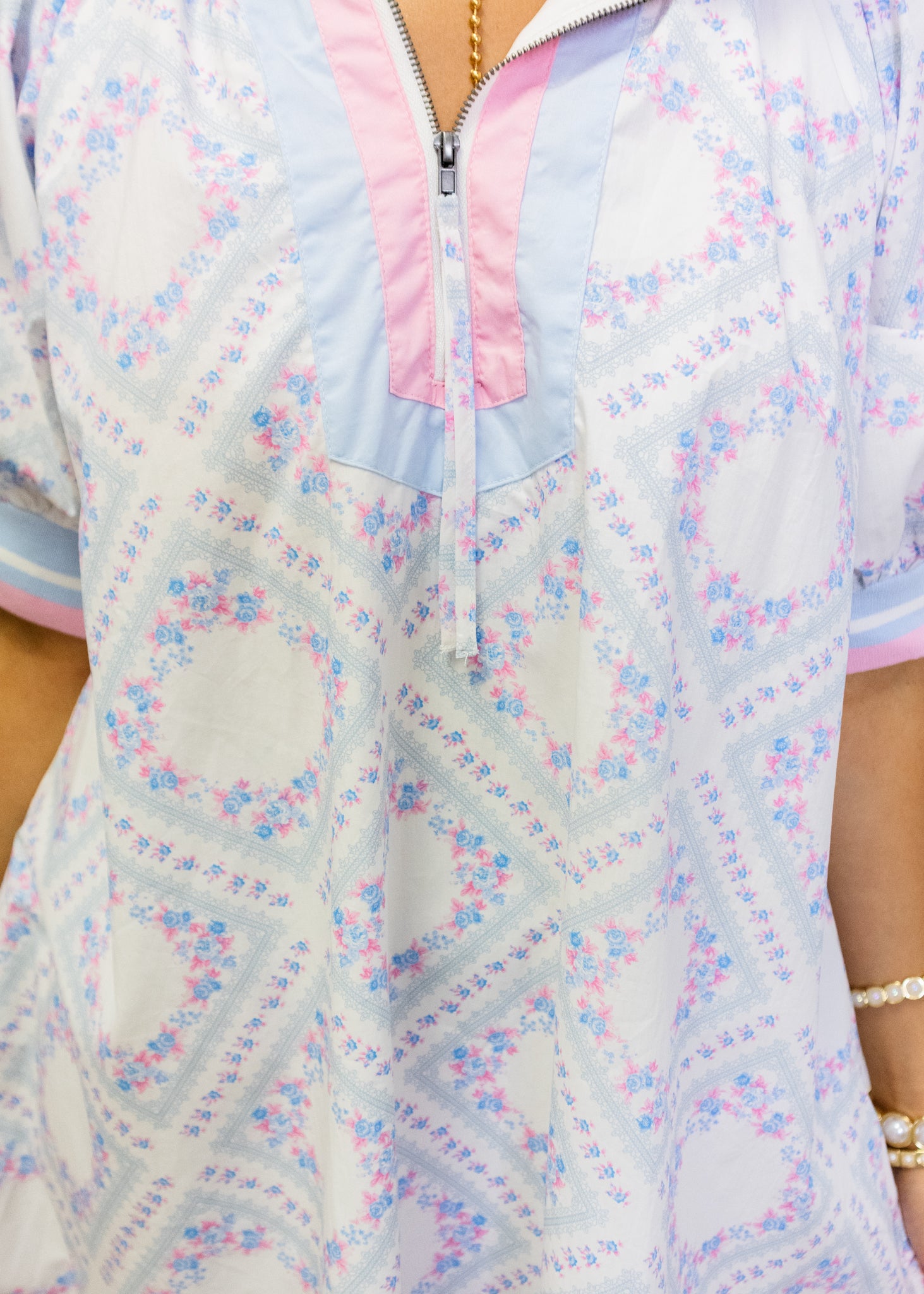 Light Blue Floral Print Semi Zip Dress