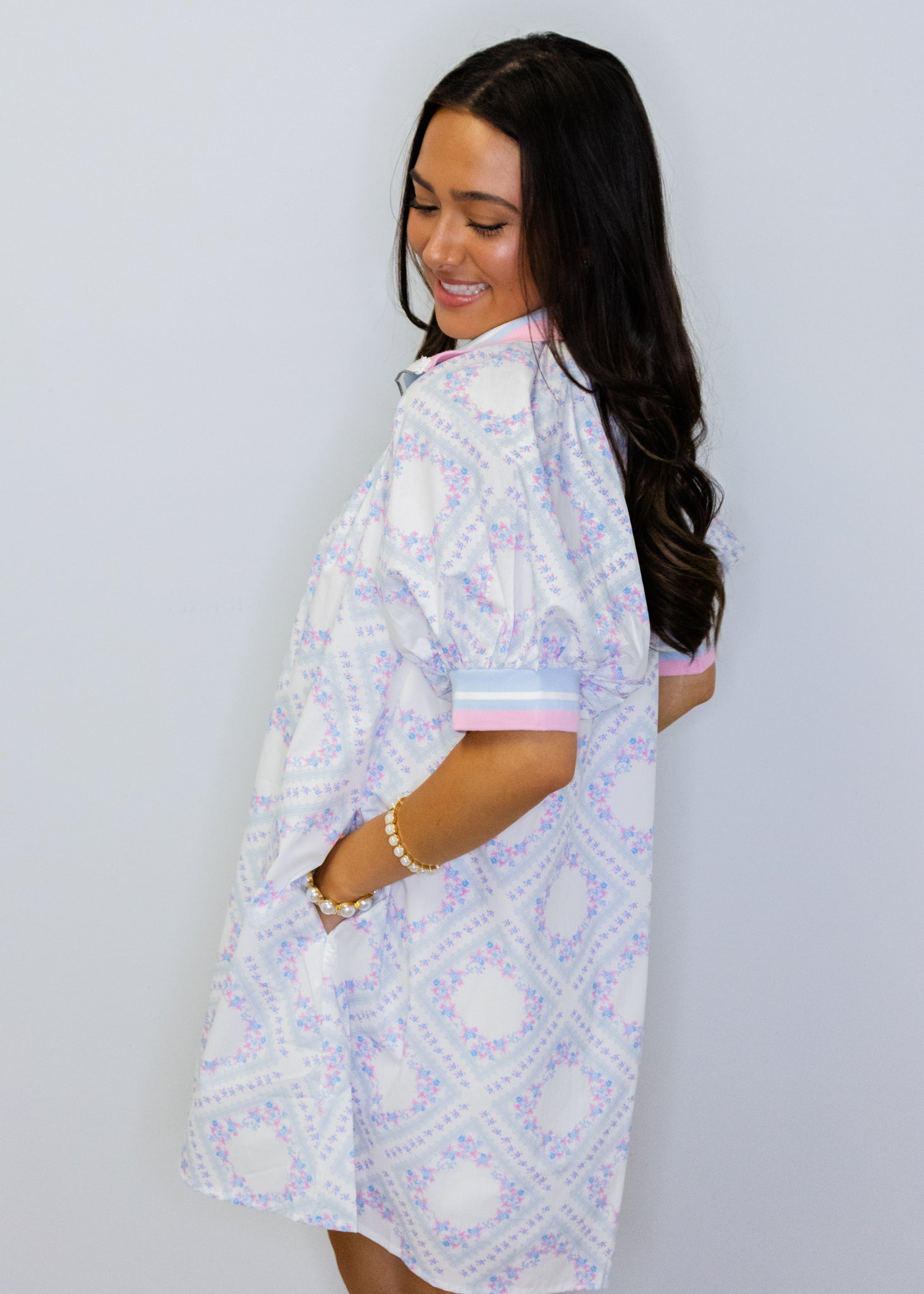 Light Blue Floral Print Semi Zip Dress