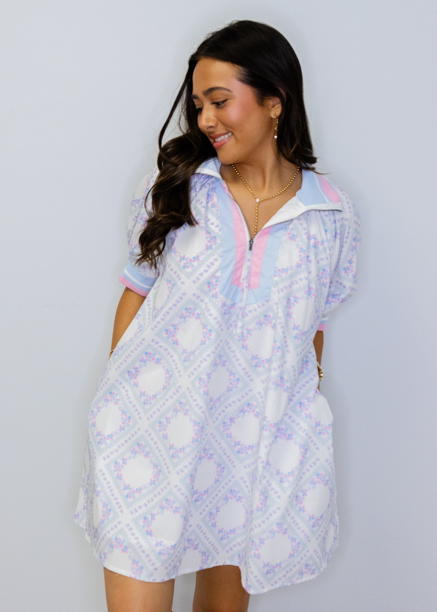 Light Blue Floral Print Semi Zip Dress