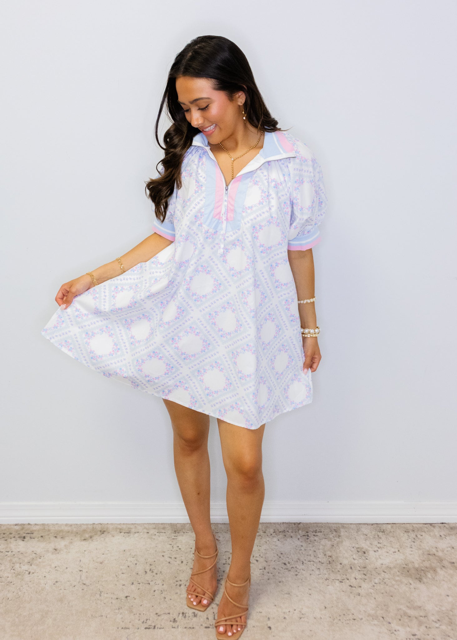 Light Blue Floral Print Semi Zip Dress