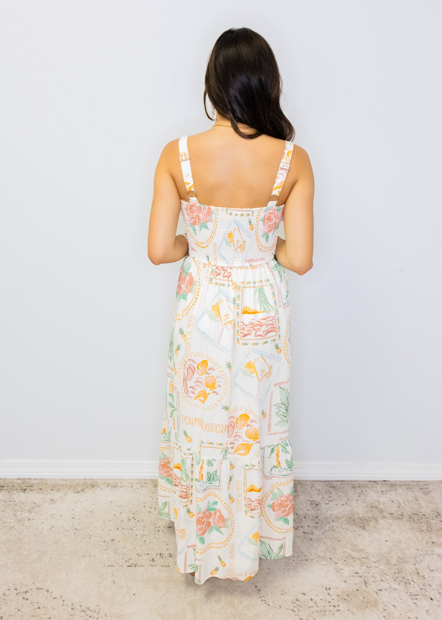 Ivory Tropical Smocked Maxi Dress