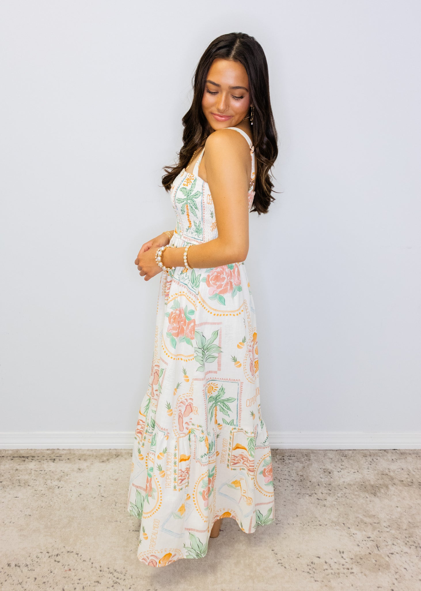 Ivory Tropical Smocked Maxi Dress