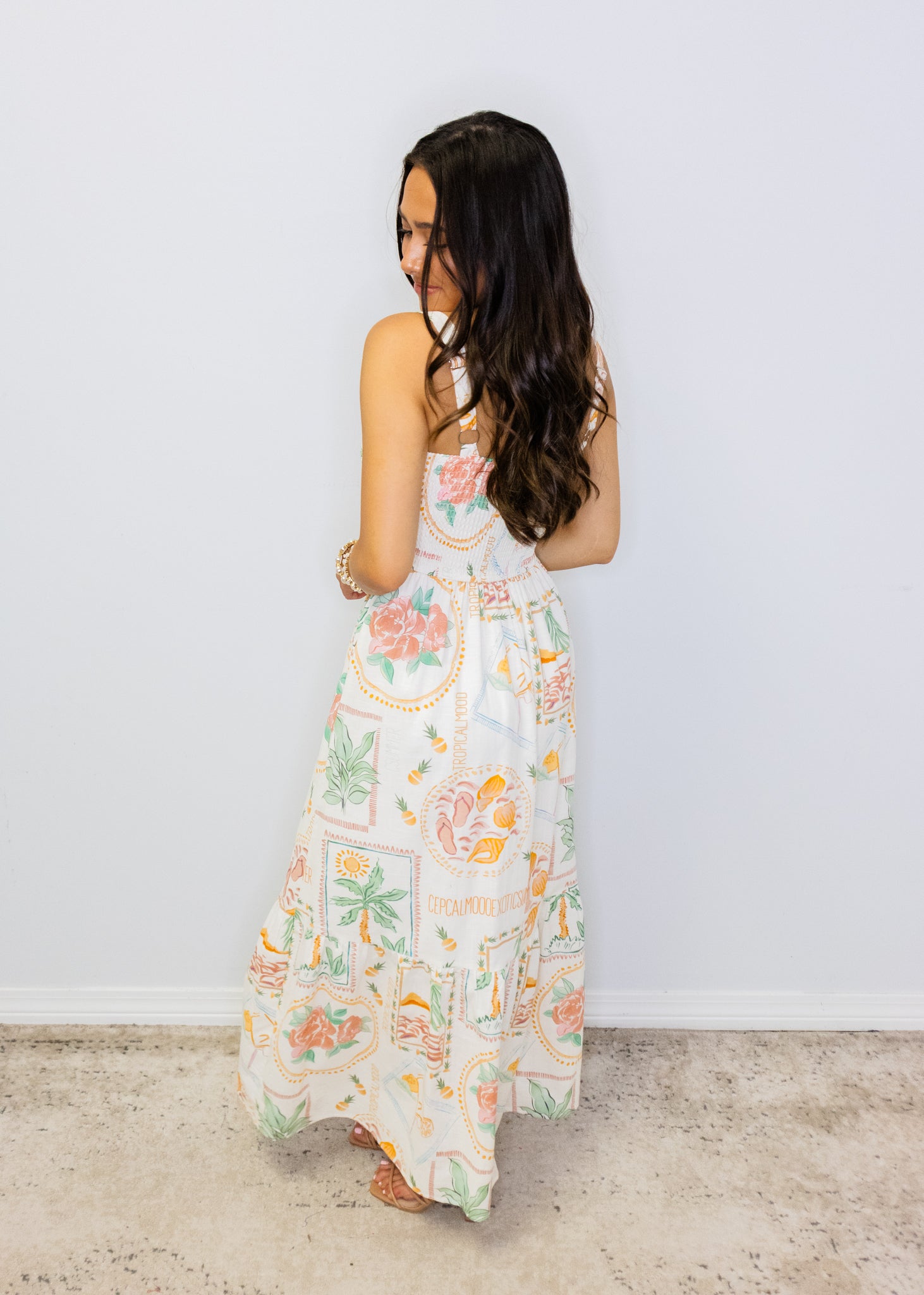Ivory Tropical Smocked Maxi Dress