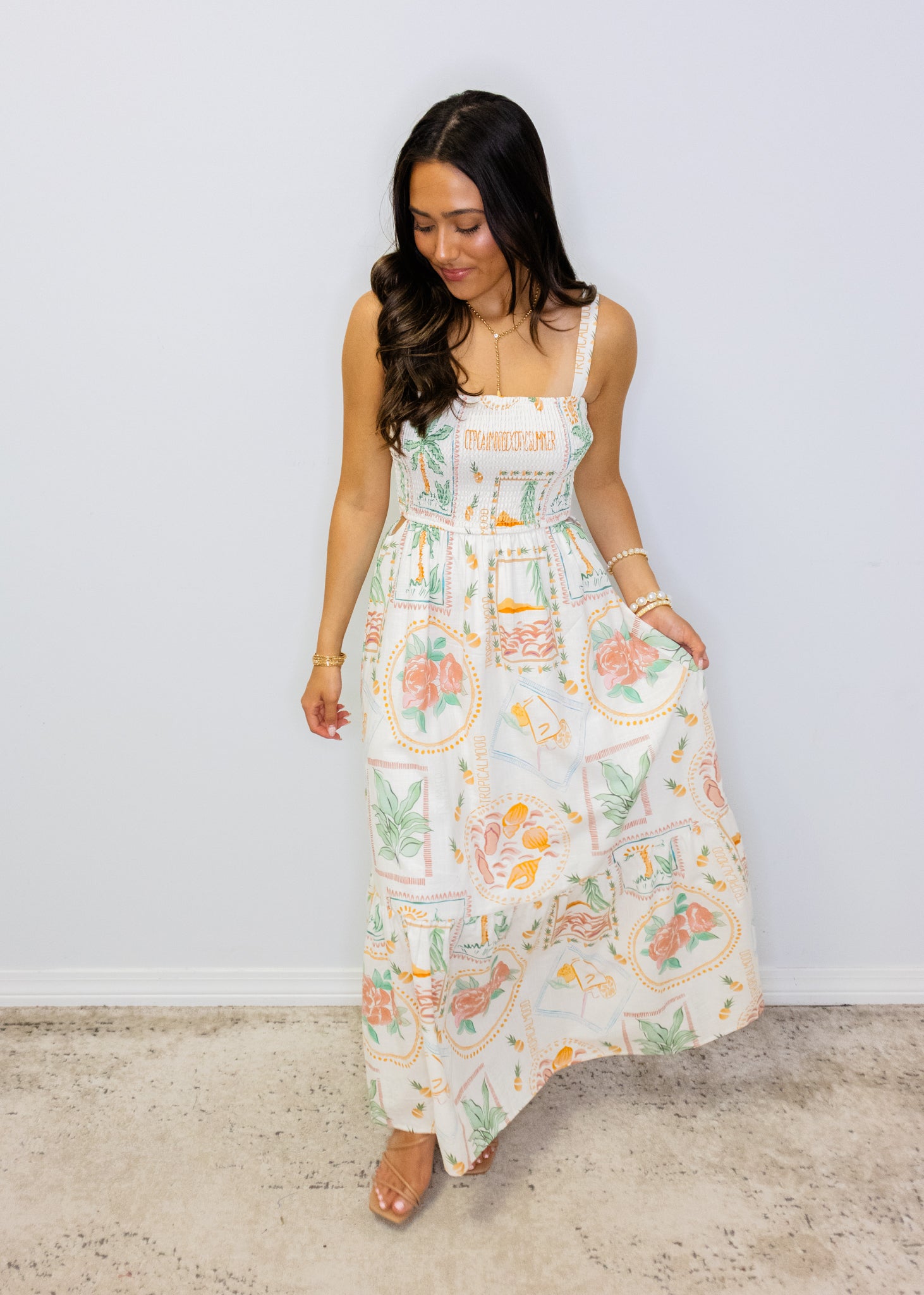 Ivory Tropical Smocked Maxi Dress