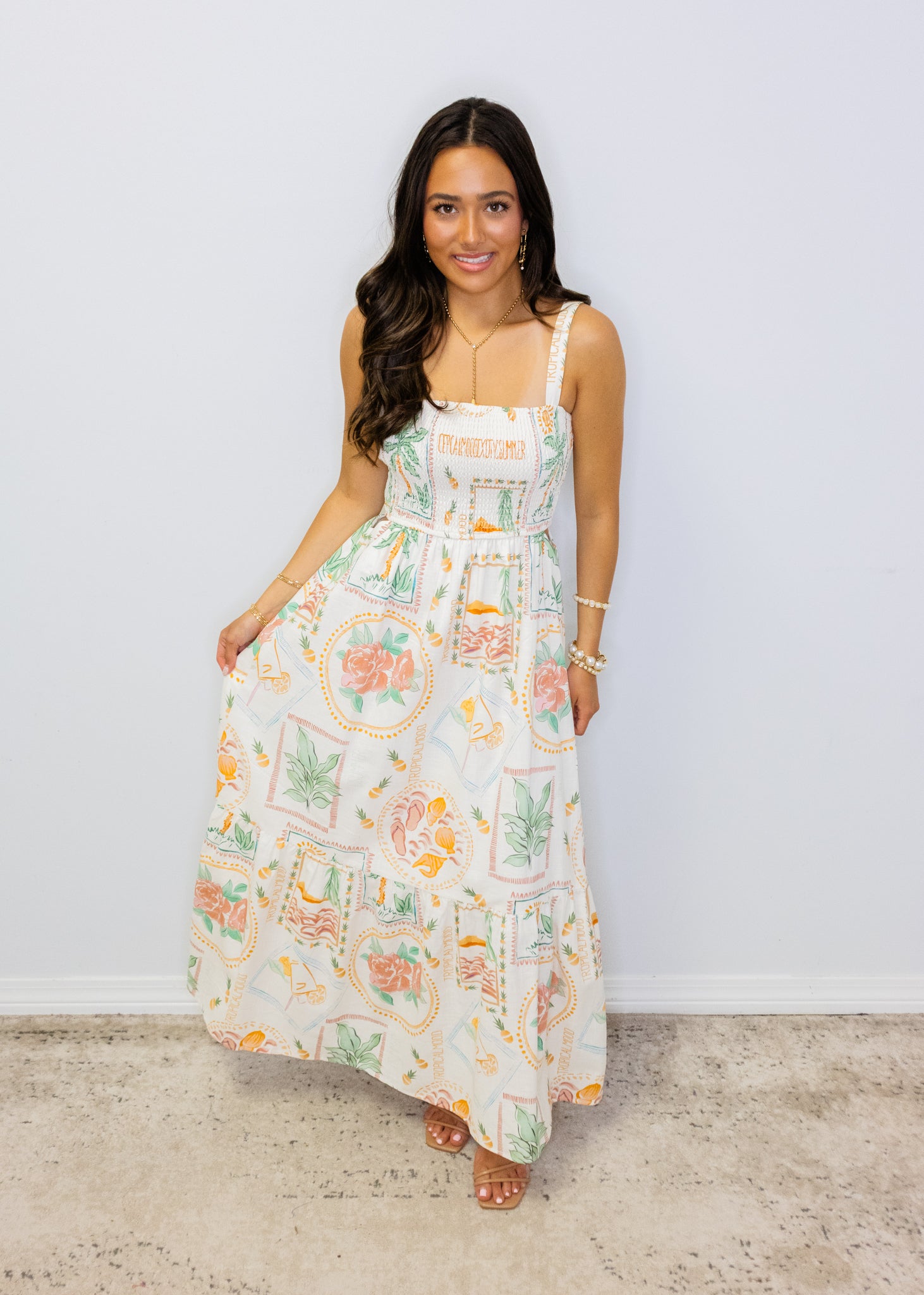 Ivory Tropical Smocked Maxi Dress