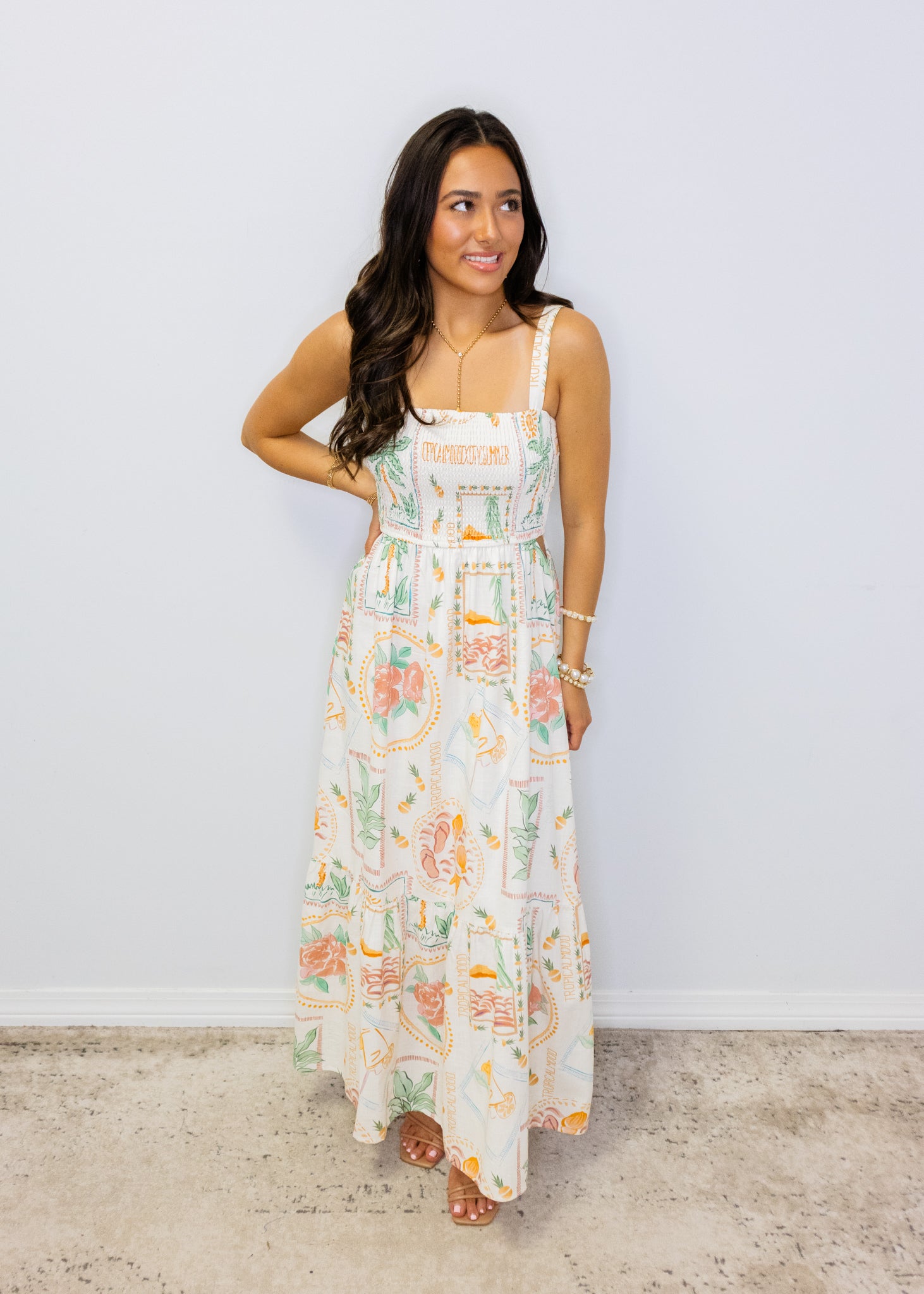 Ivory Tropical Smocked Maxi Dress