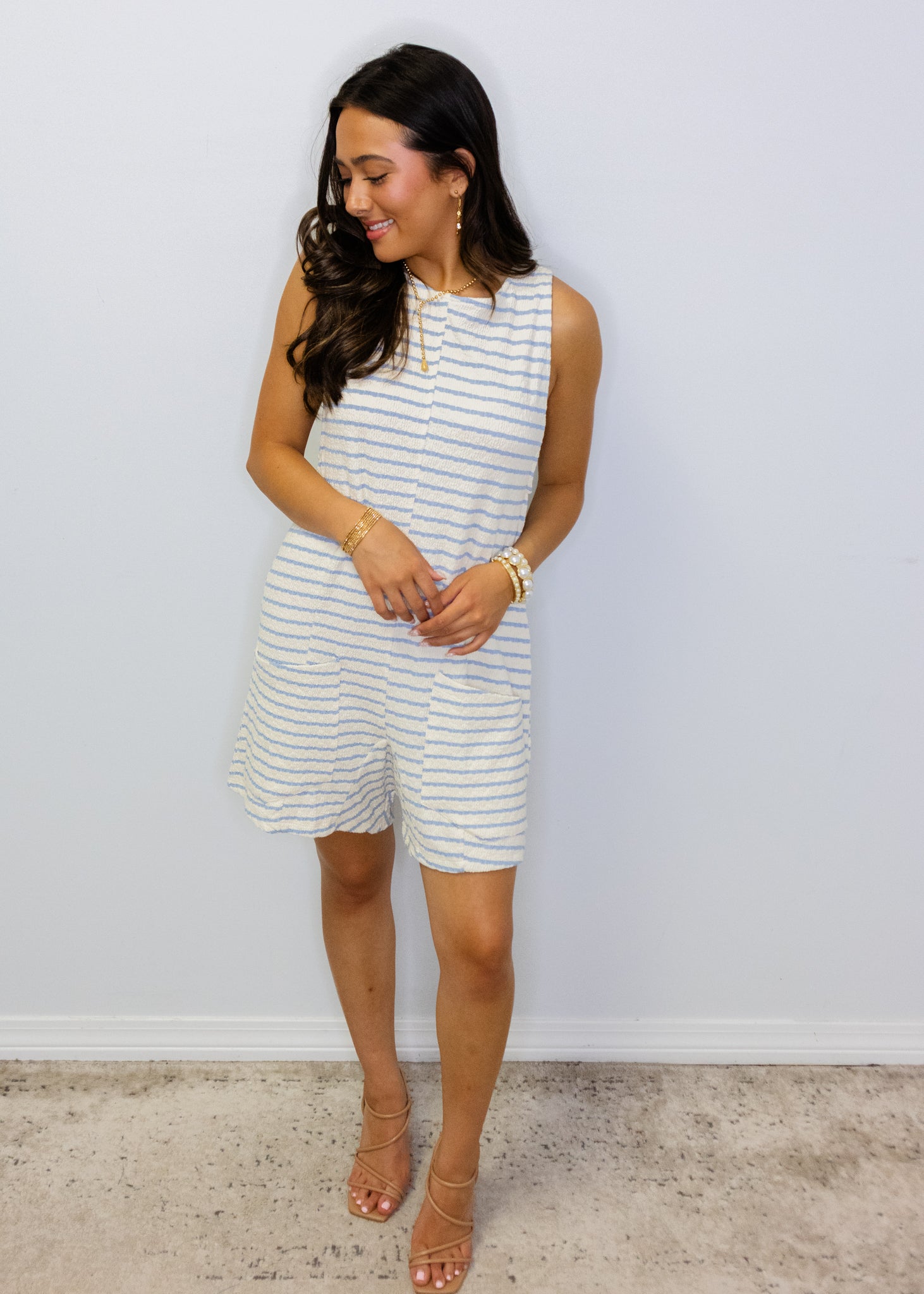 Blue Stripe Textured Romper