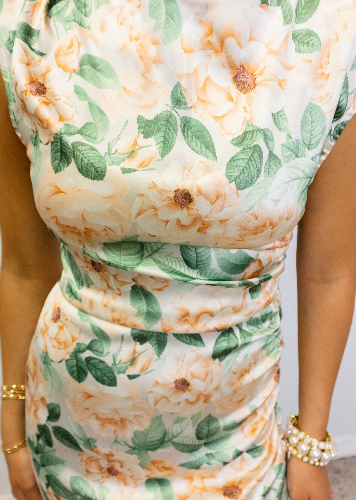 Peach Floral Satin Midi Dress