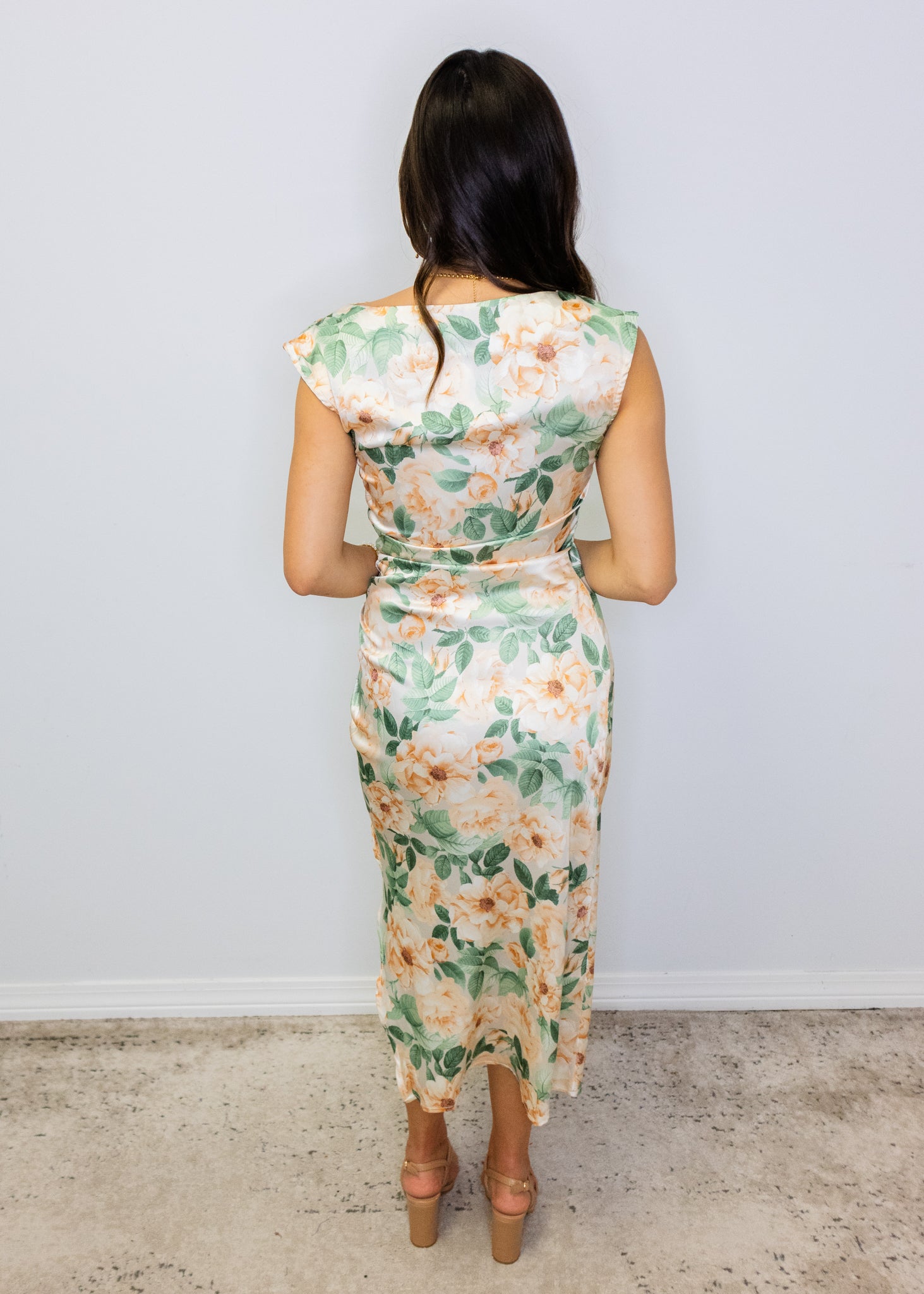 Peach Floral Satin Midi Dress