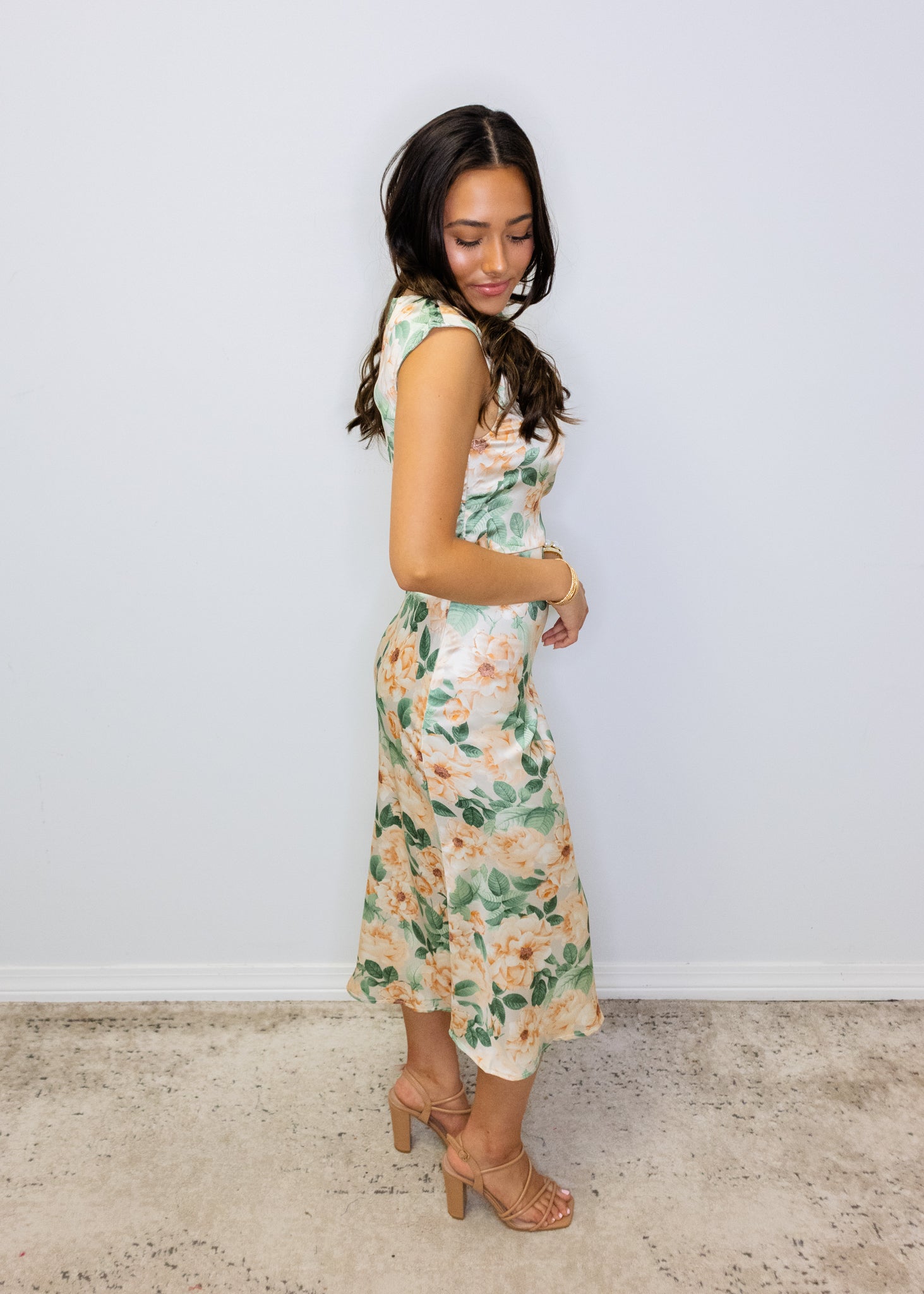 Peach Floral Satin Midi Dress