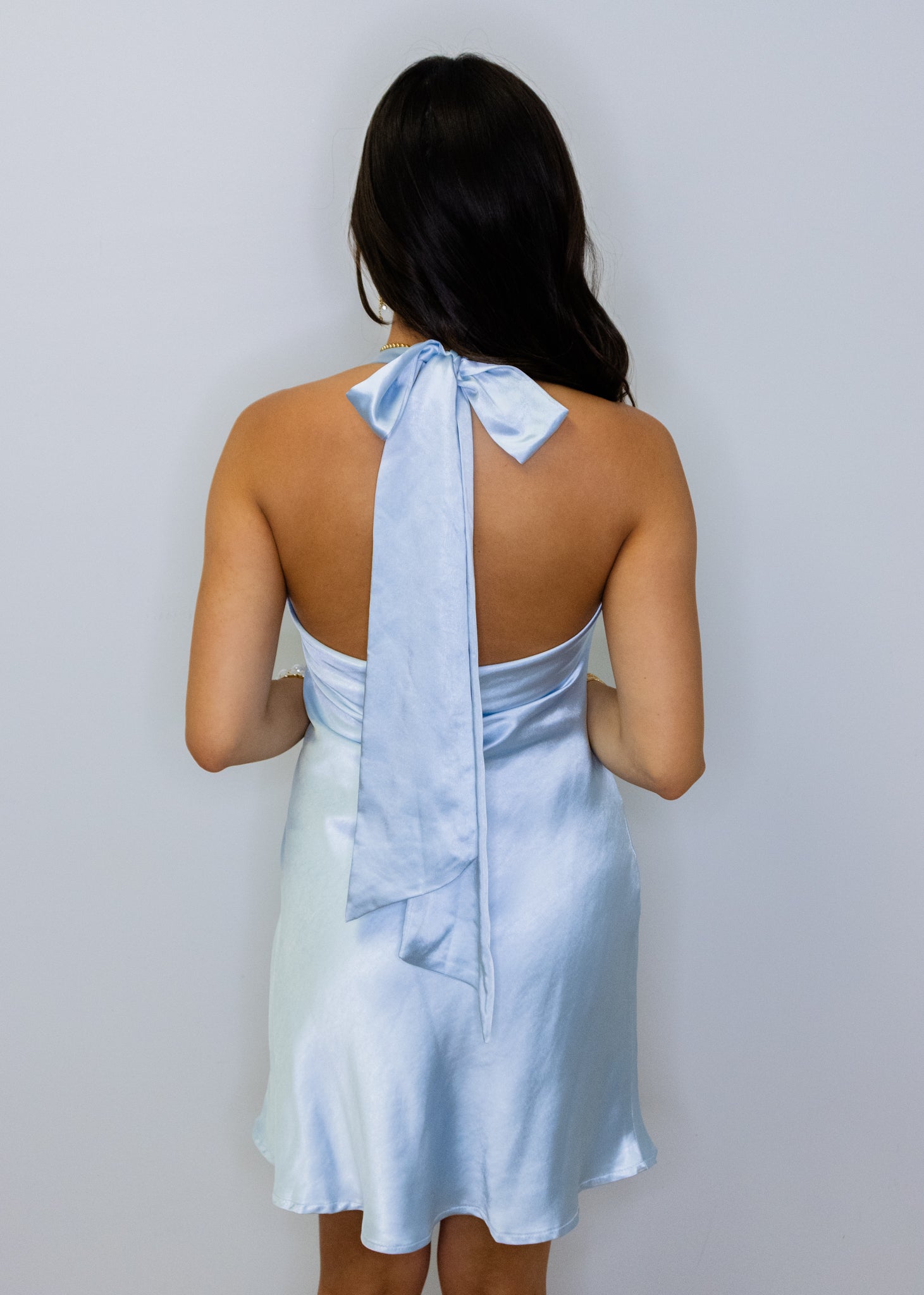 Ice Blue Satin Halter Dress