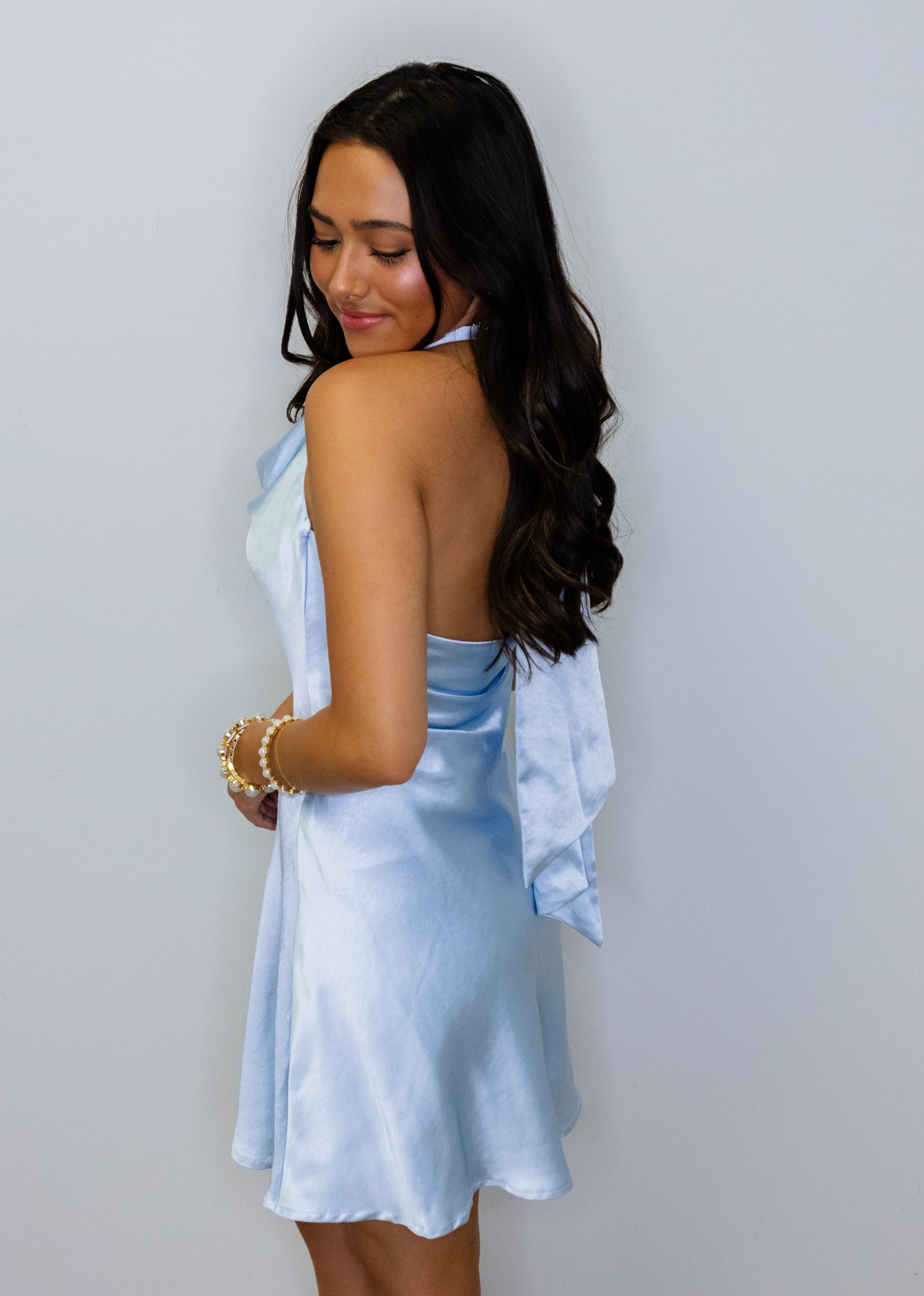 Ice Blue Satin Halter Dress