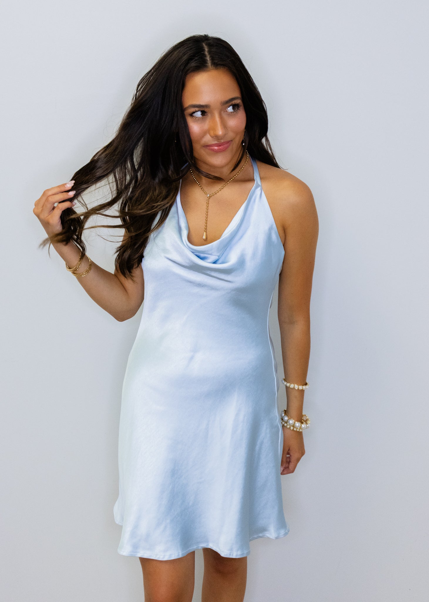 Ice Blue Satin Halter Dress