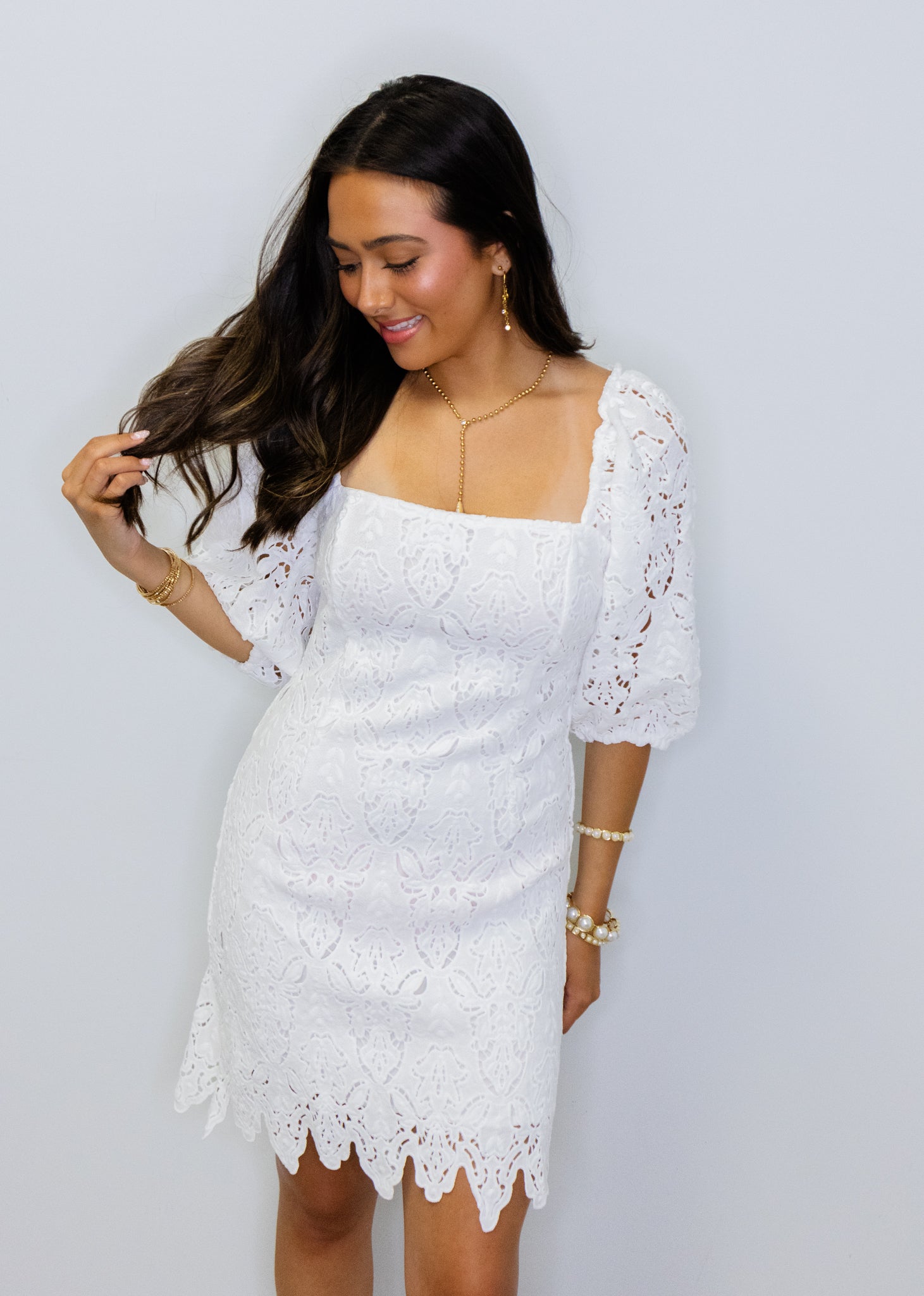 White Scalloped Lace Mini Dress