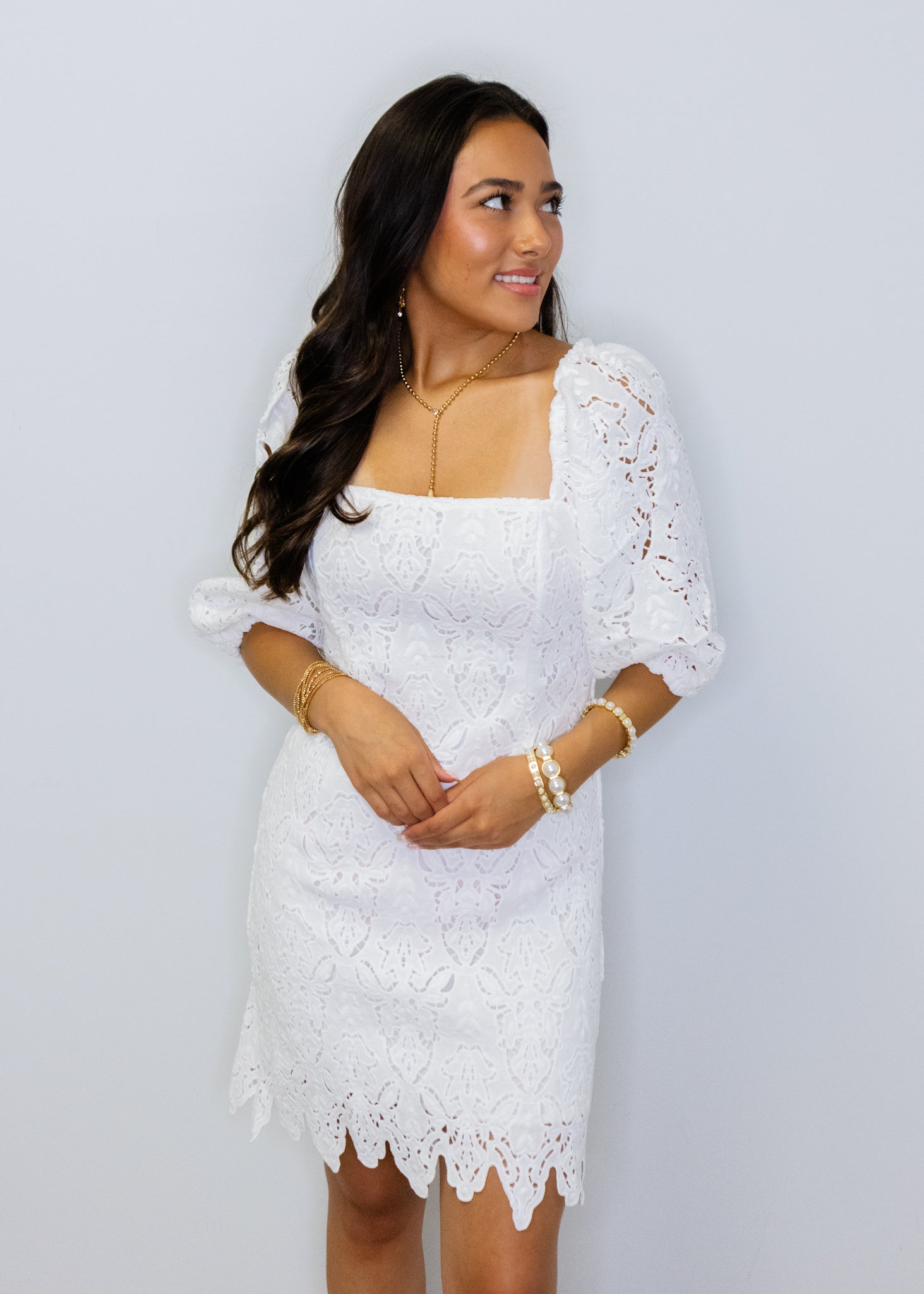 White Scalloped Lace Mini Dress