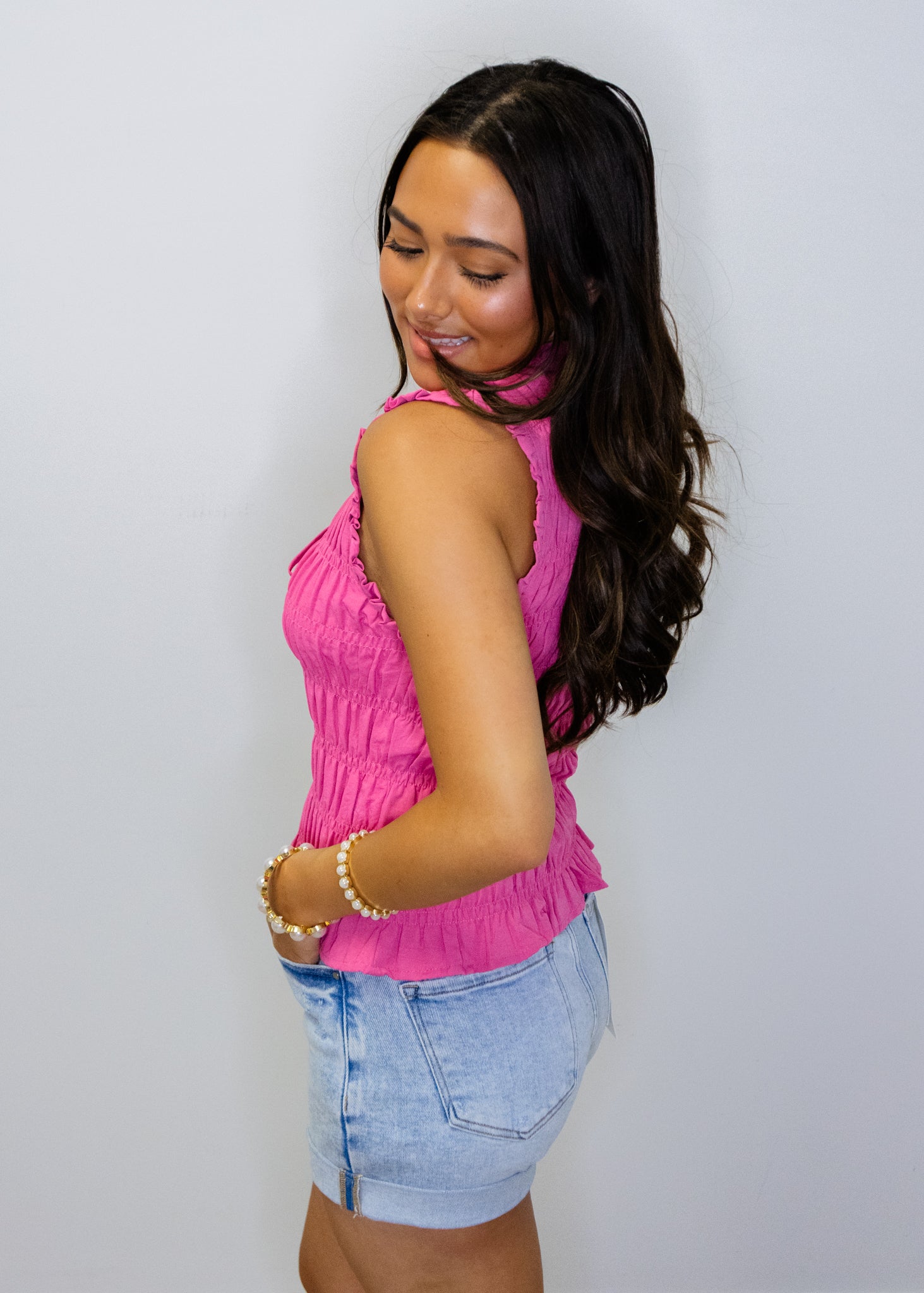 Pink Smocked V-Neck Top