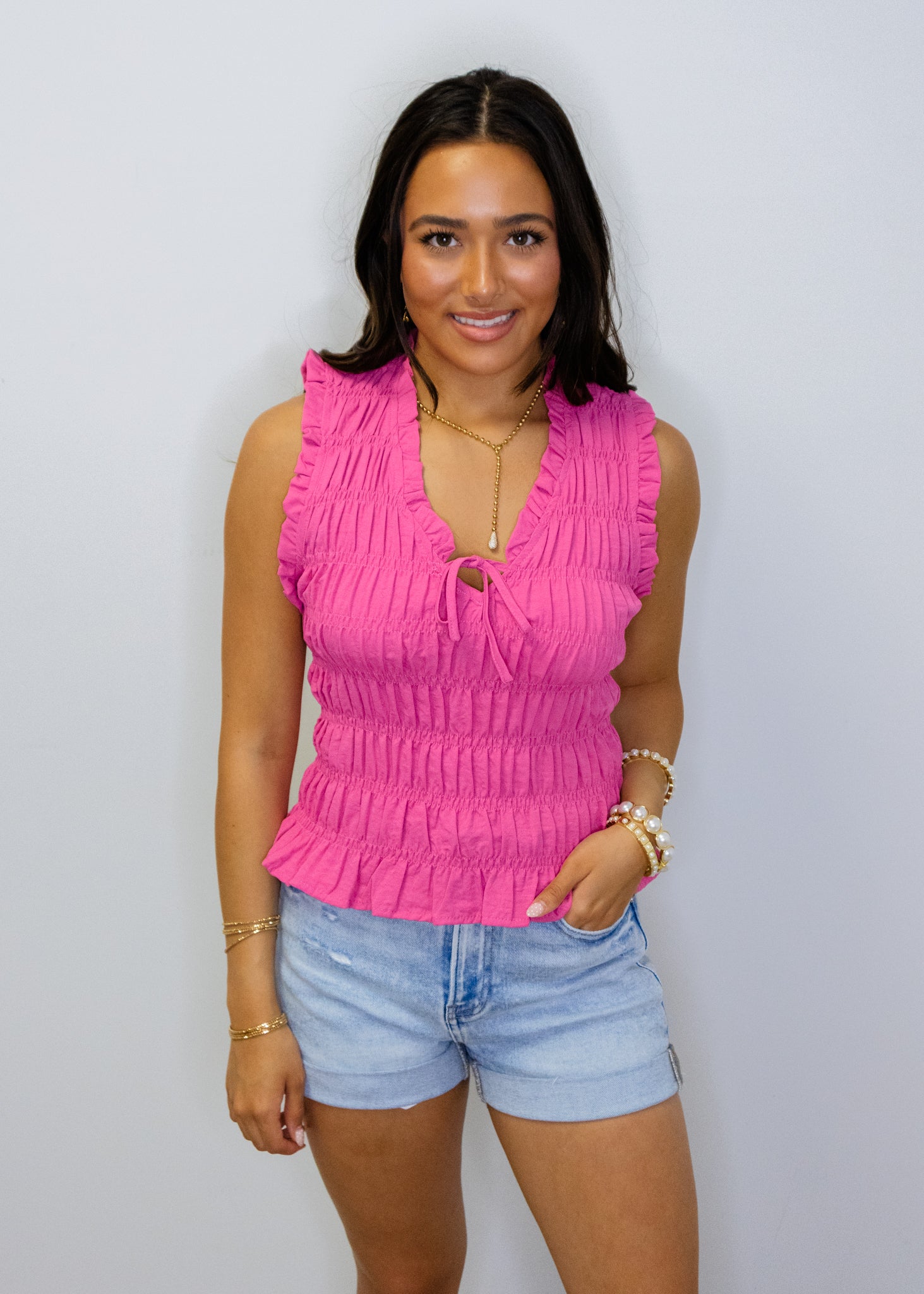 Pink Smocked V-Neck Top