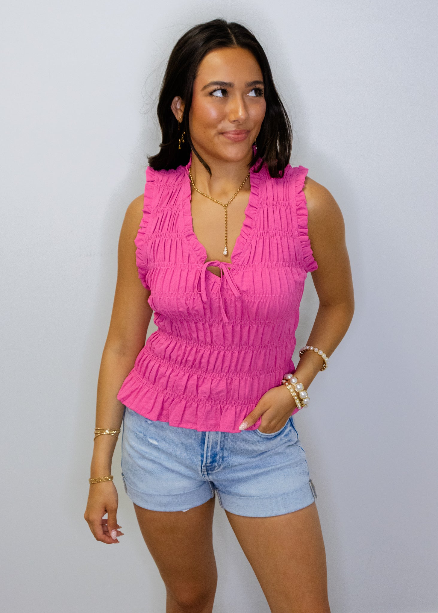 Pink Smocked V-Neck Top