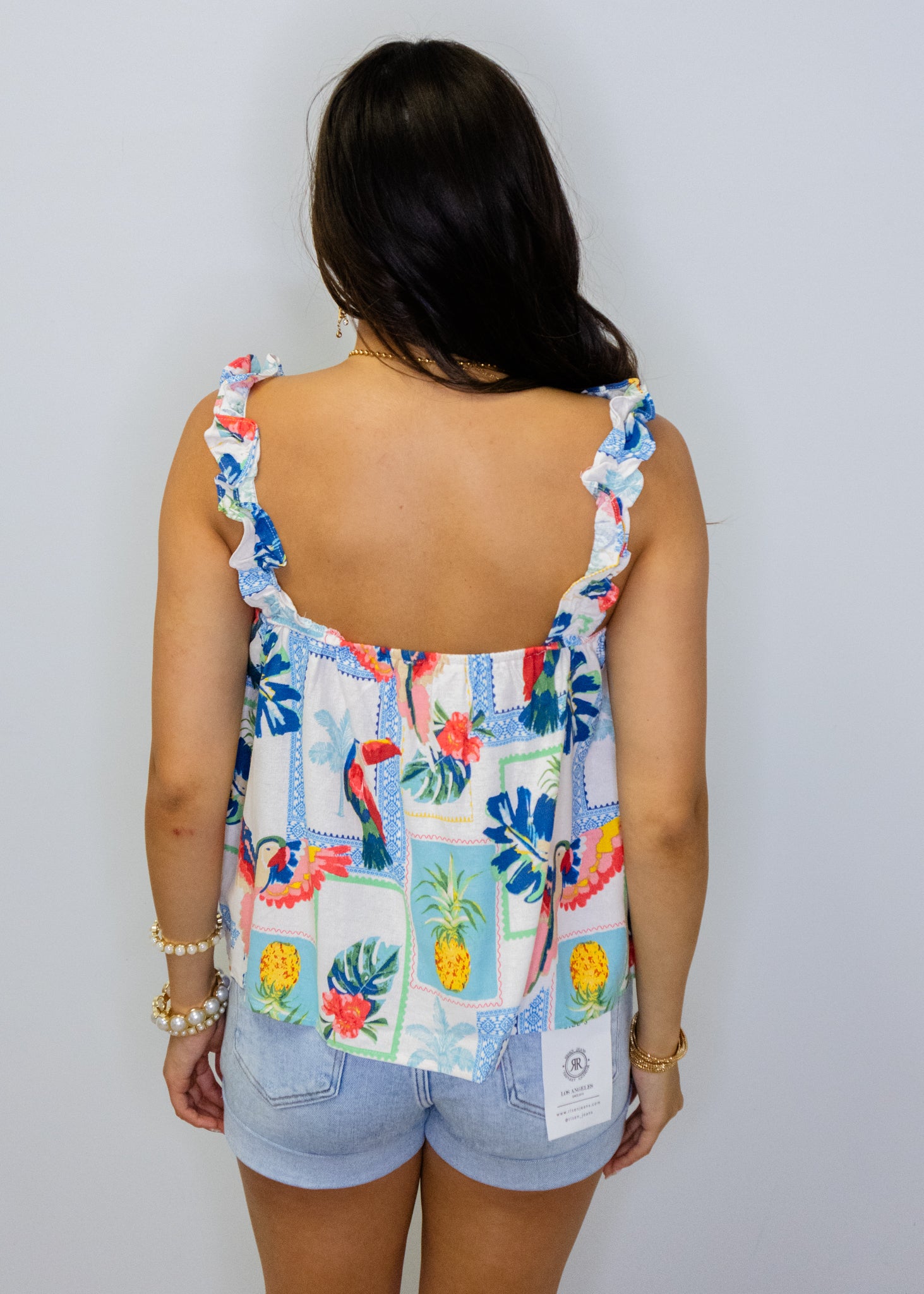 Tropical Print Ruffle Shoulder Top
