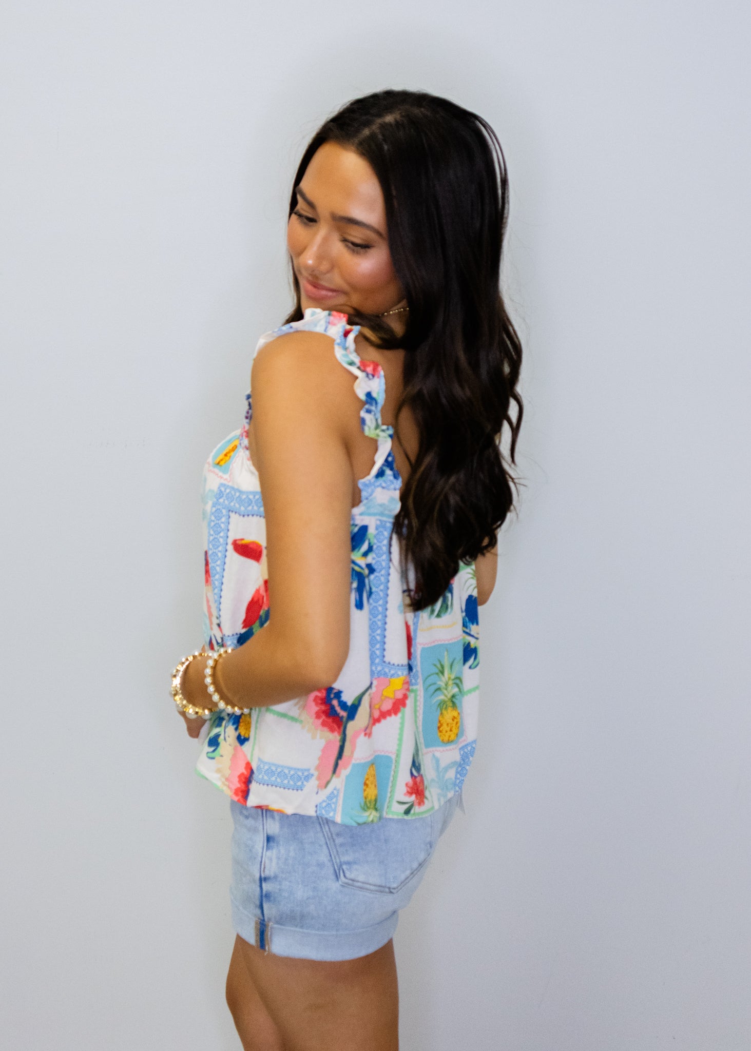 Tropical Print Ruffle Shoulder Top