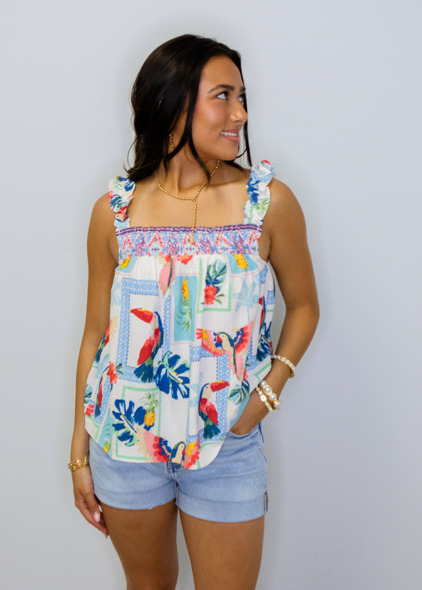 Tropical Print Ruffle Shoulder Top