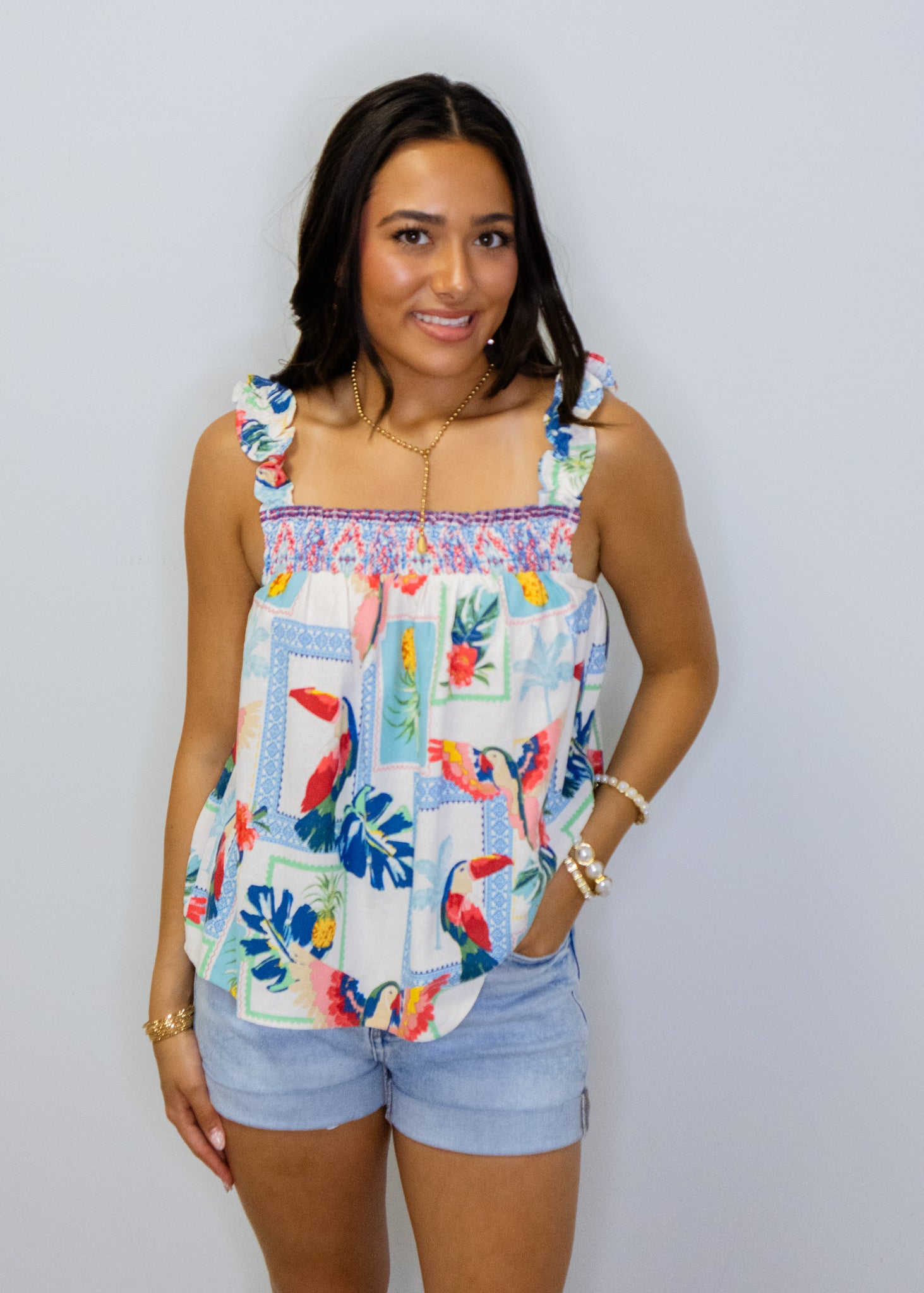 Tropical Print Ruffle Shoulder Top