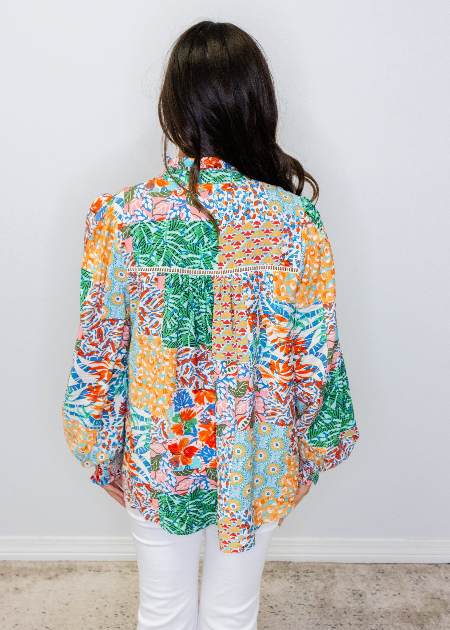 Patchwork Print Lace Insert Split Neck Blouse