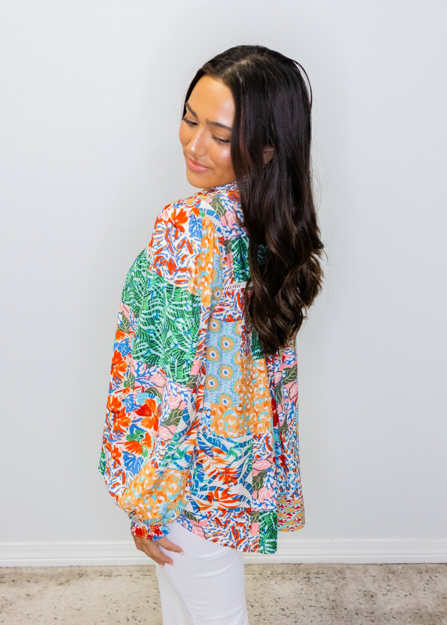Patchwork Print Lace Insert Split Neck Blouse