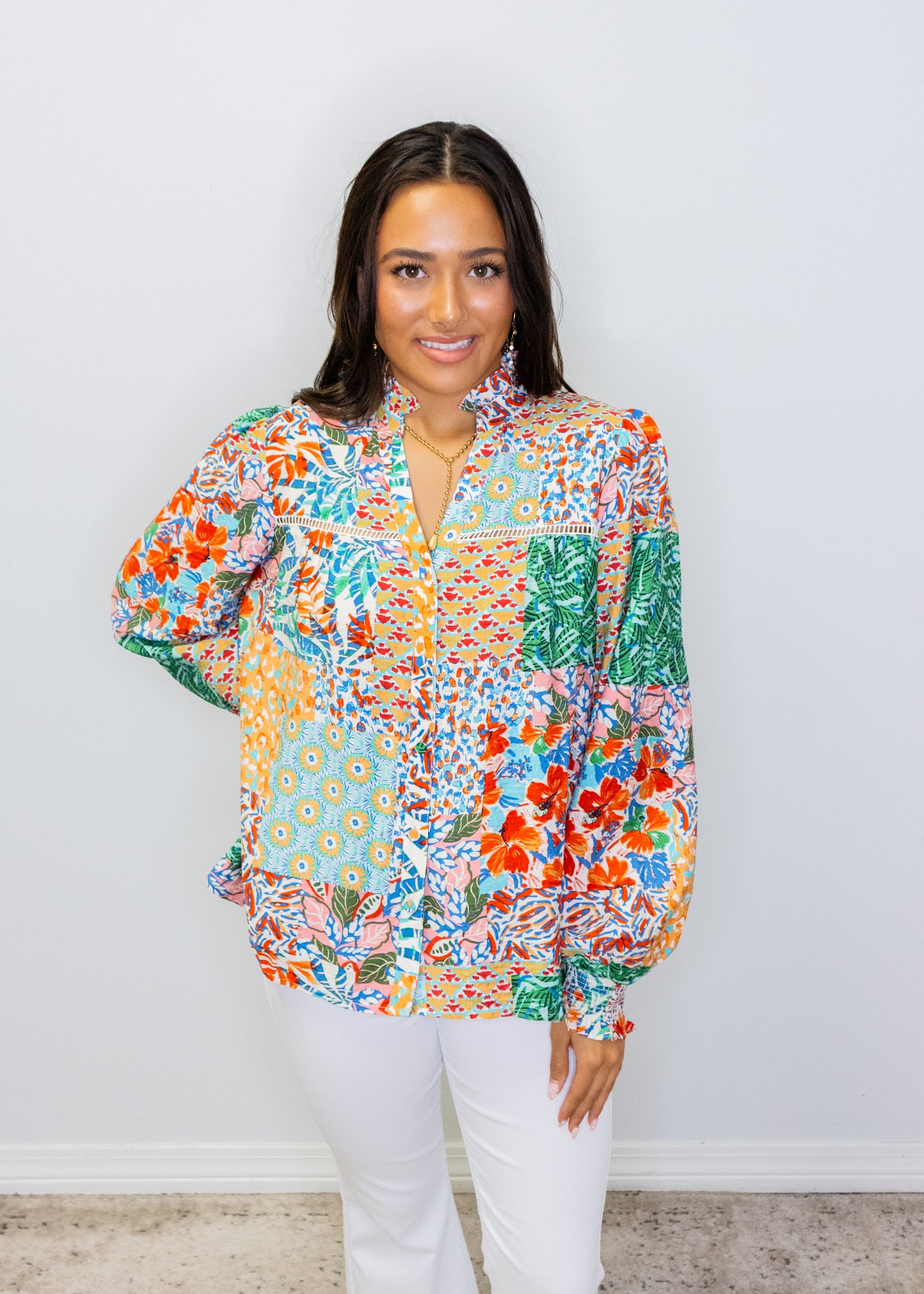 Patchwork Print Lace Insert Split Neck Blouse
