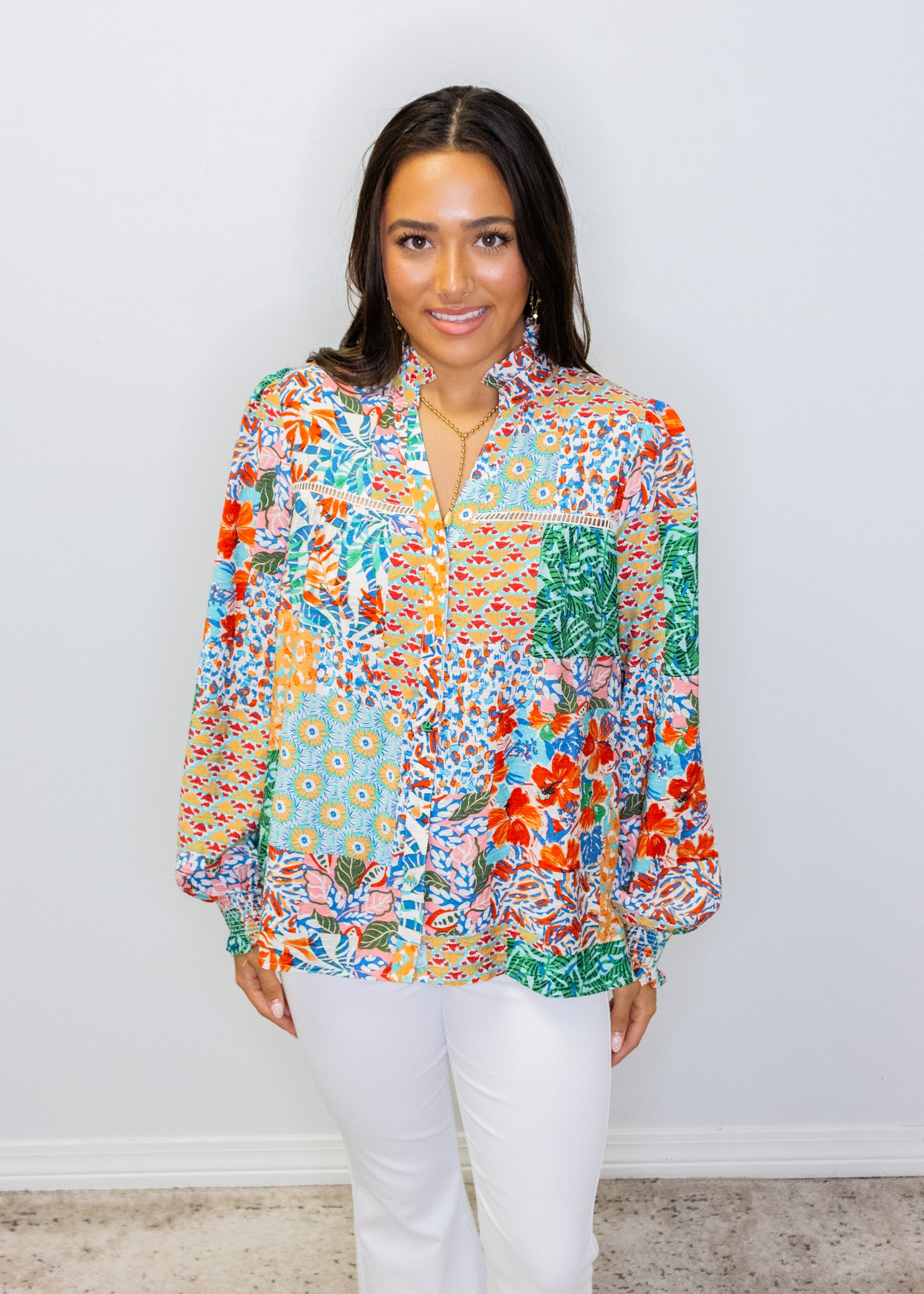 Patchwork Print Lace Insert Split Neck Blouse