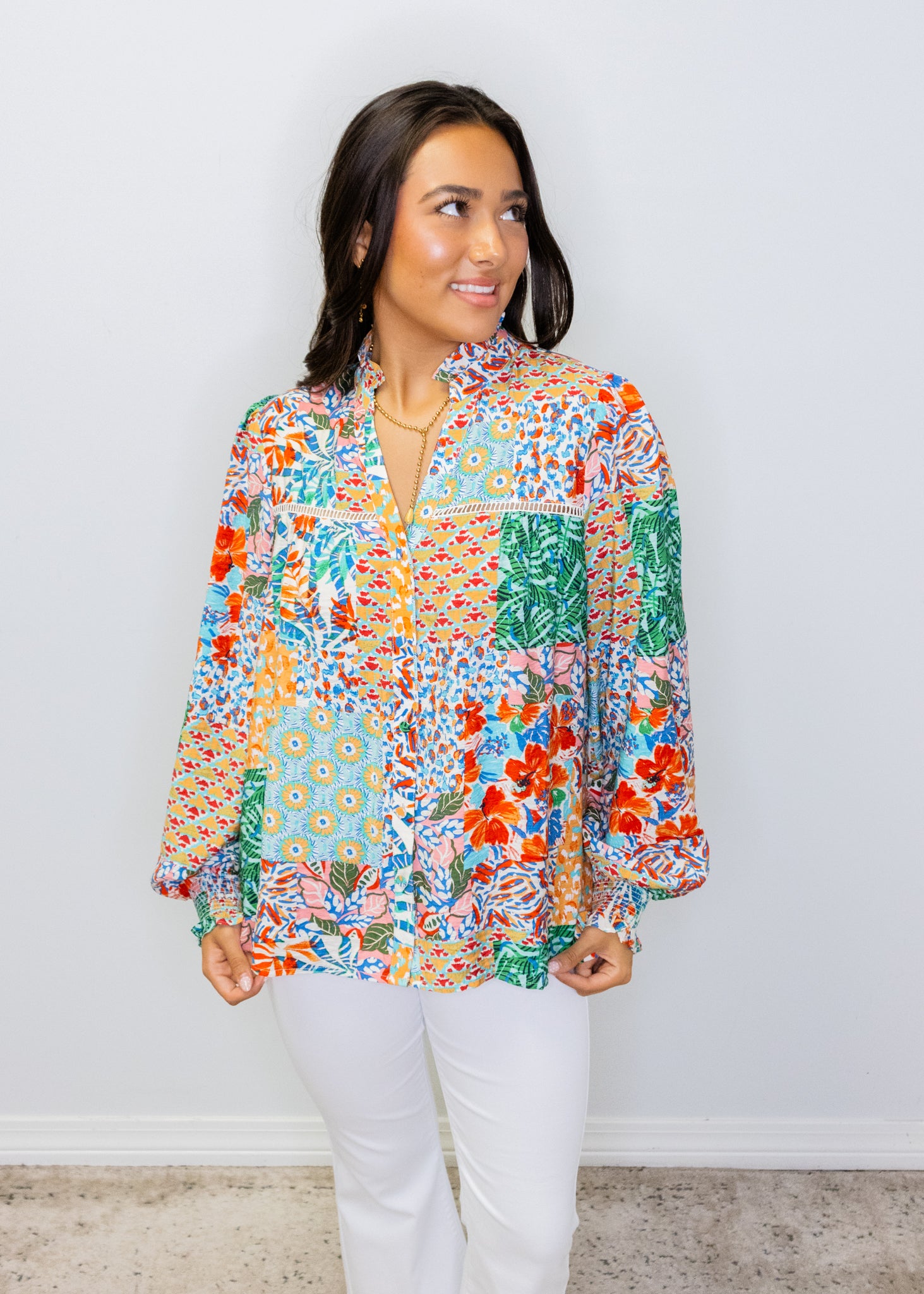 Patchwork Print Lace Insert Split Neck Blouse