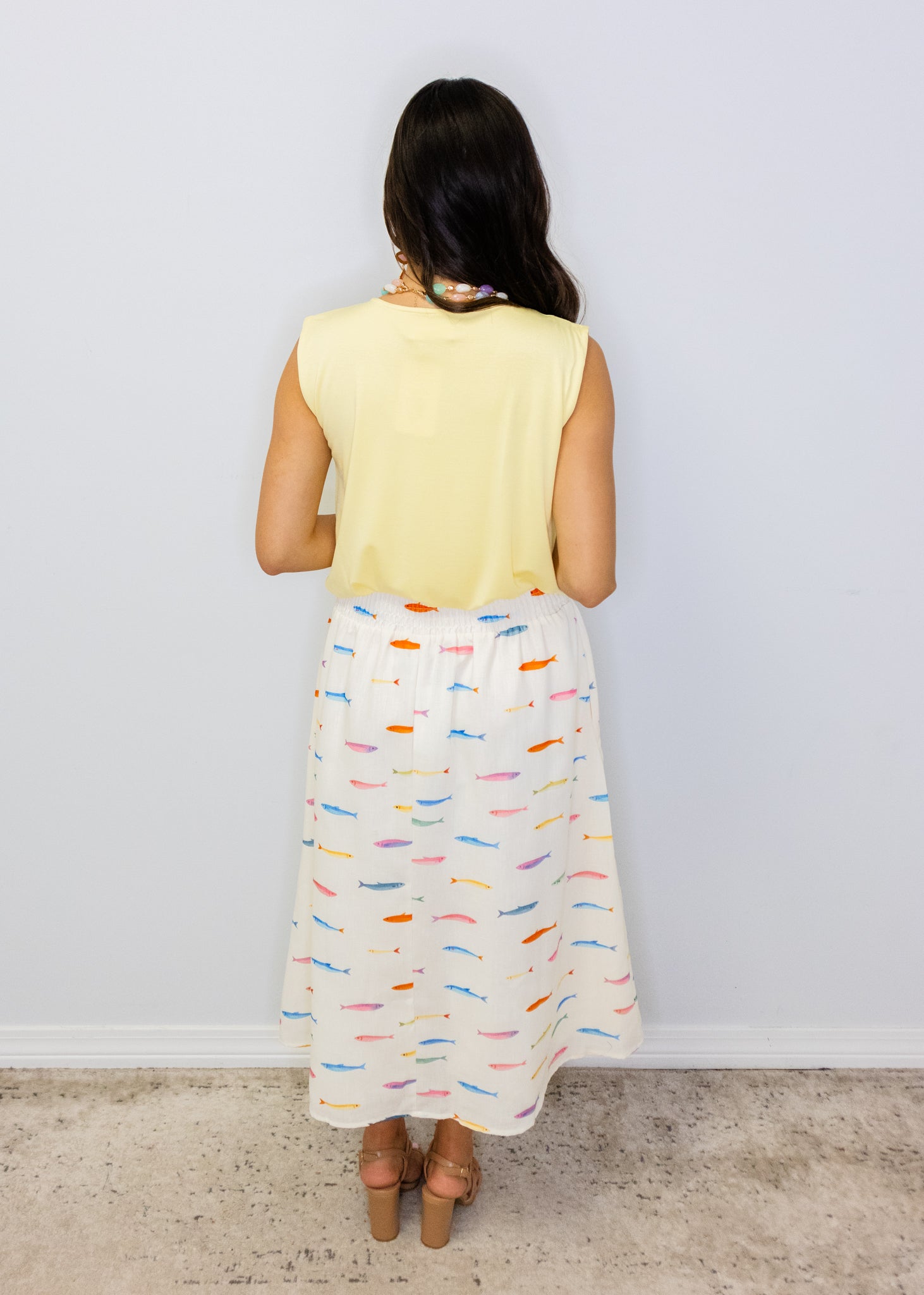 White Fish Print Midi Skirt