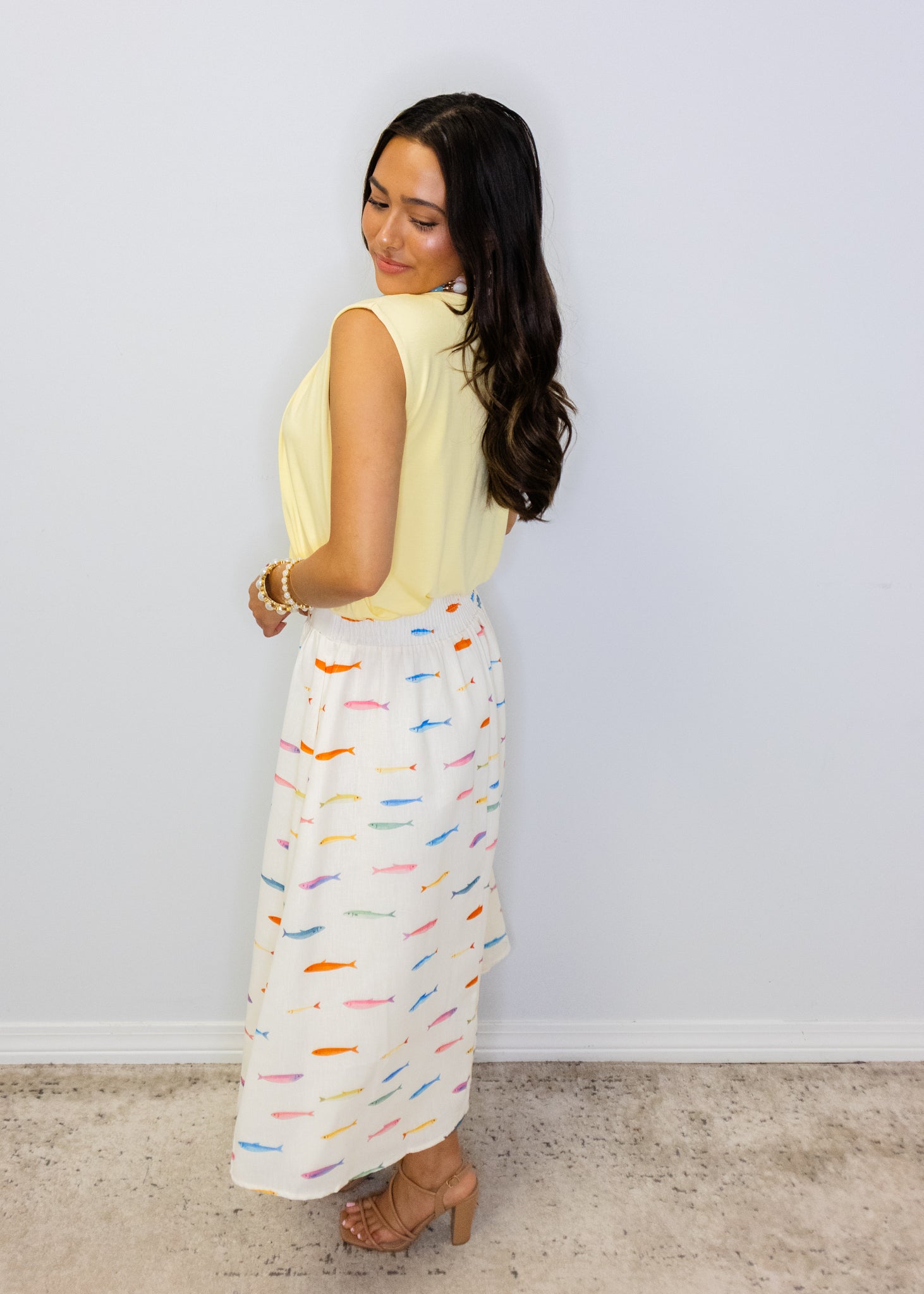 White Fish Print Midi Skirt