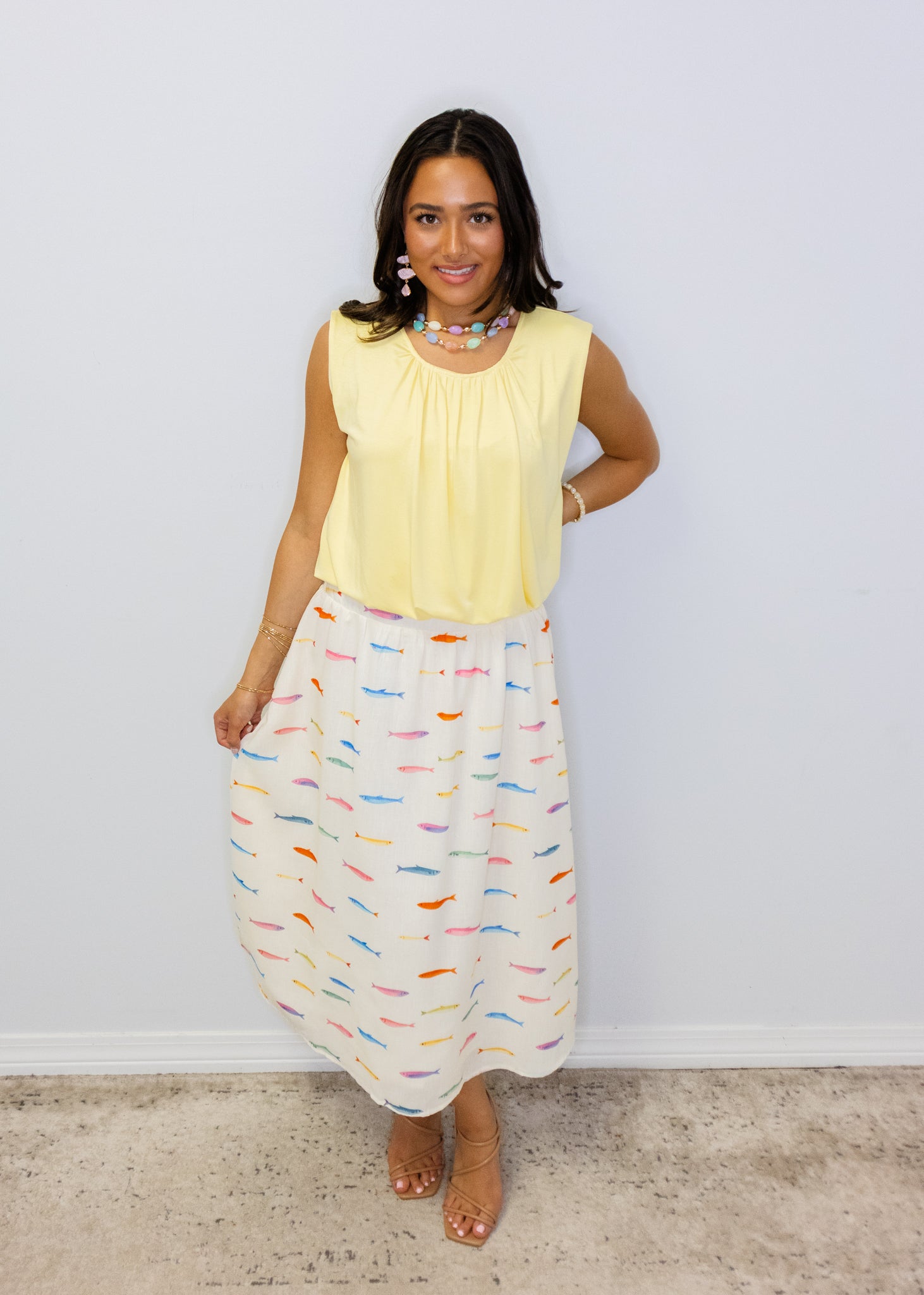 White Fish Print Midi Skirt