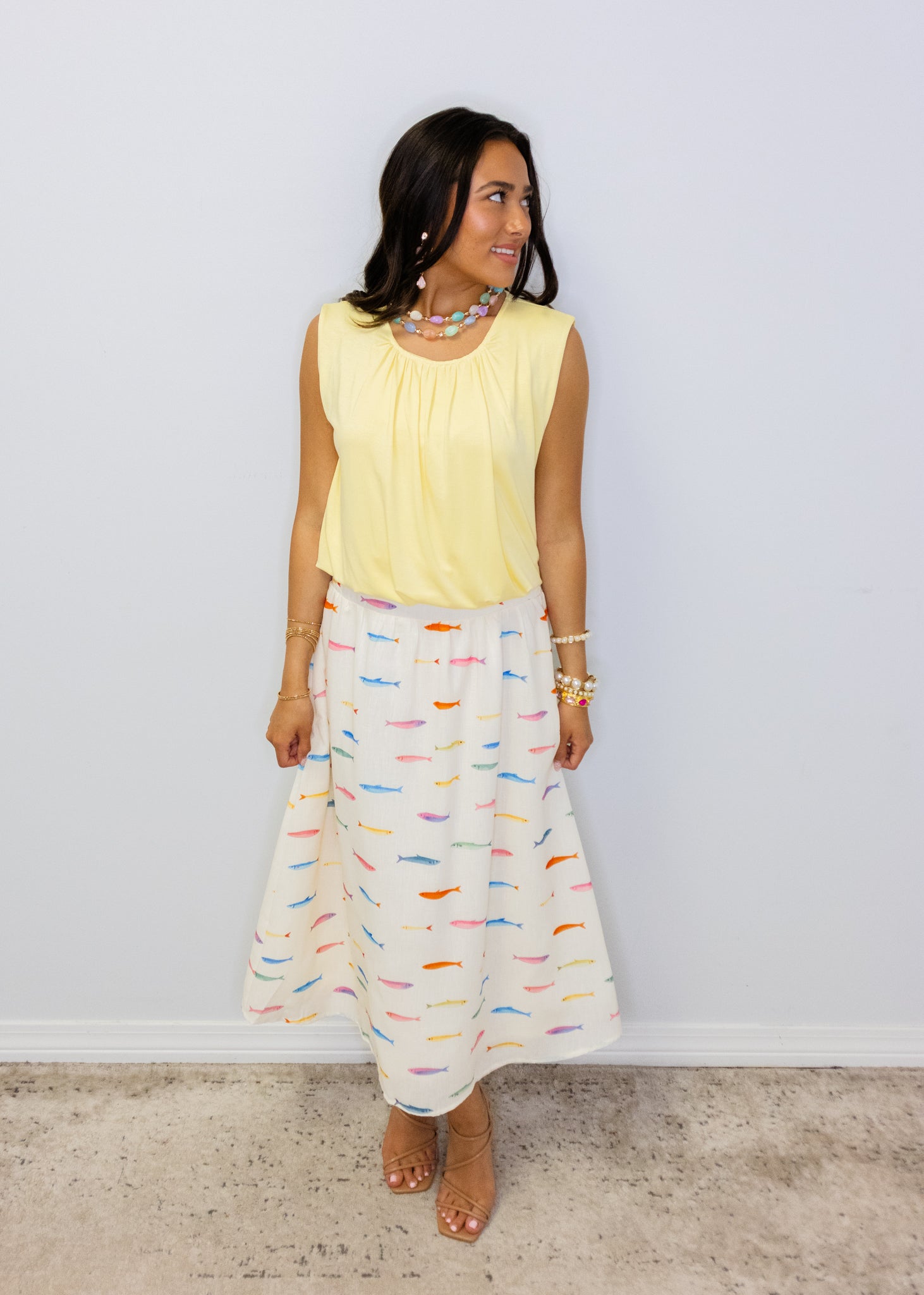 White Fish Print Midi Skirt