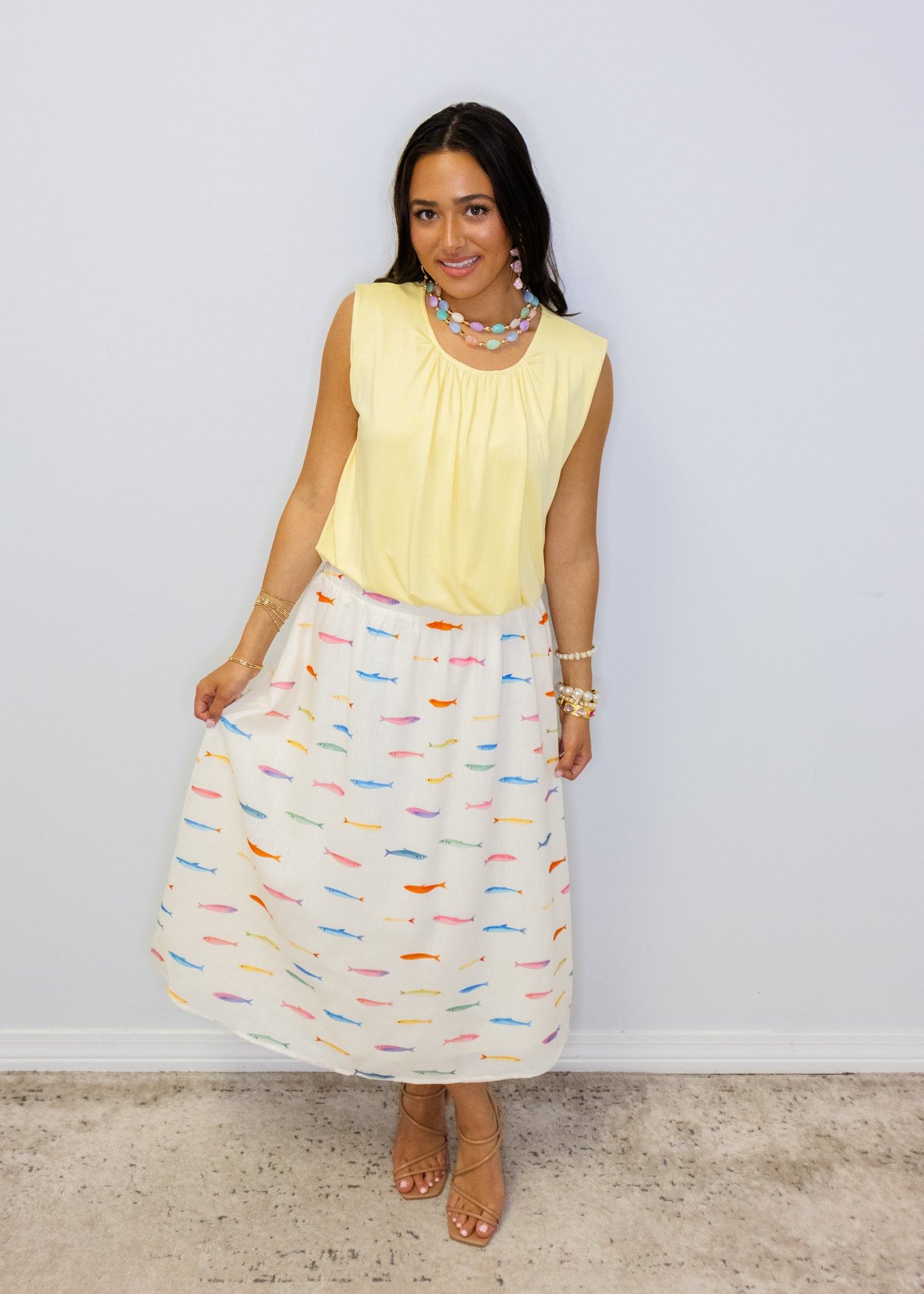 White Fish Print Midi Skirt