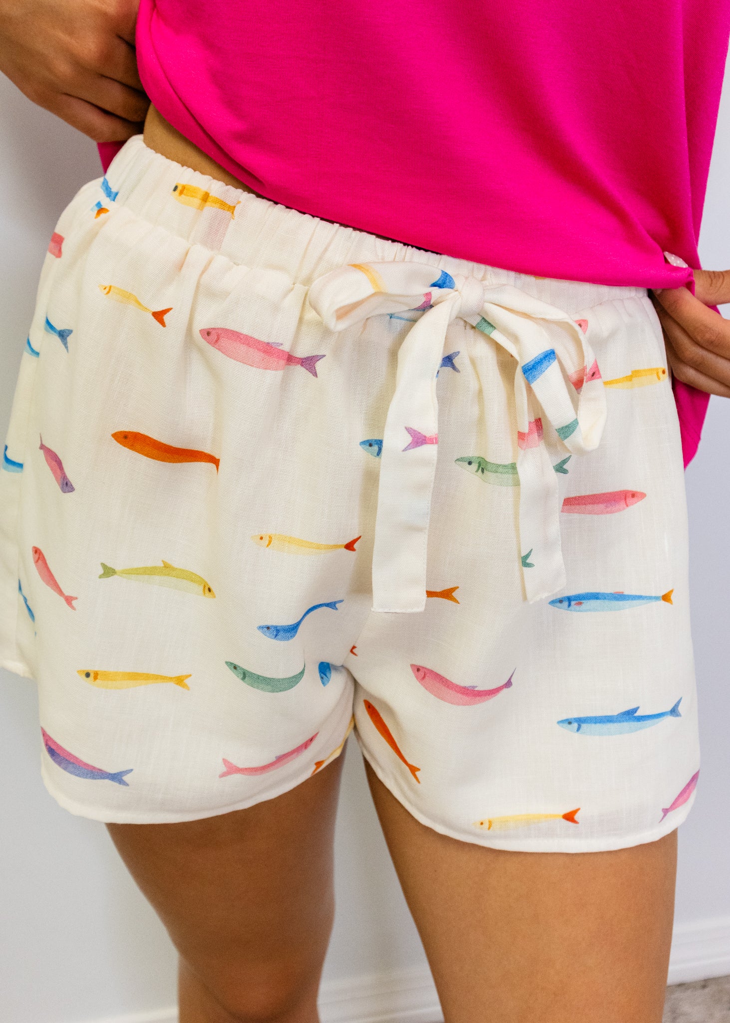 White Fish Print Shorts