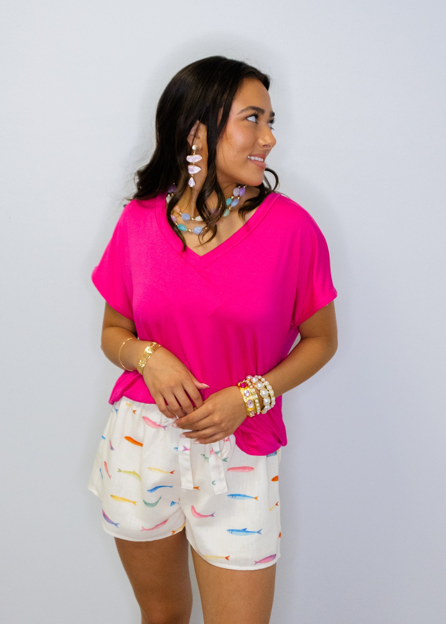 Fuchsia Relaxed Fit V-Neck Top