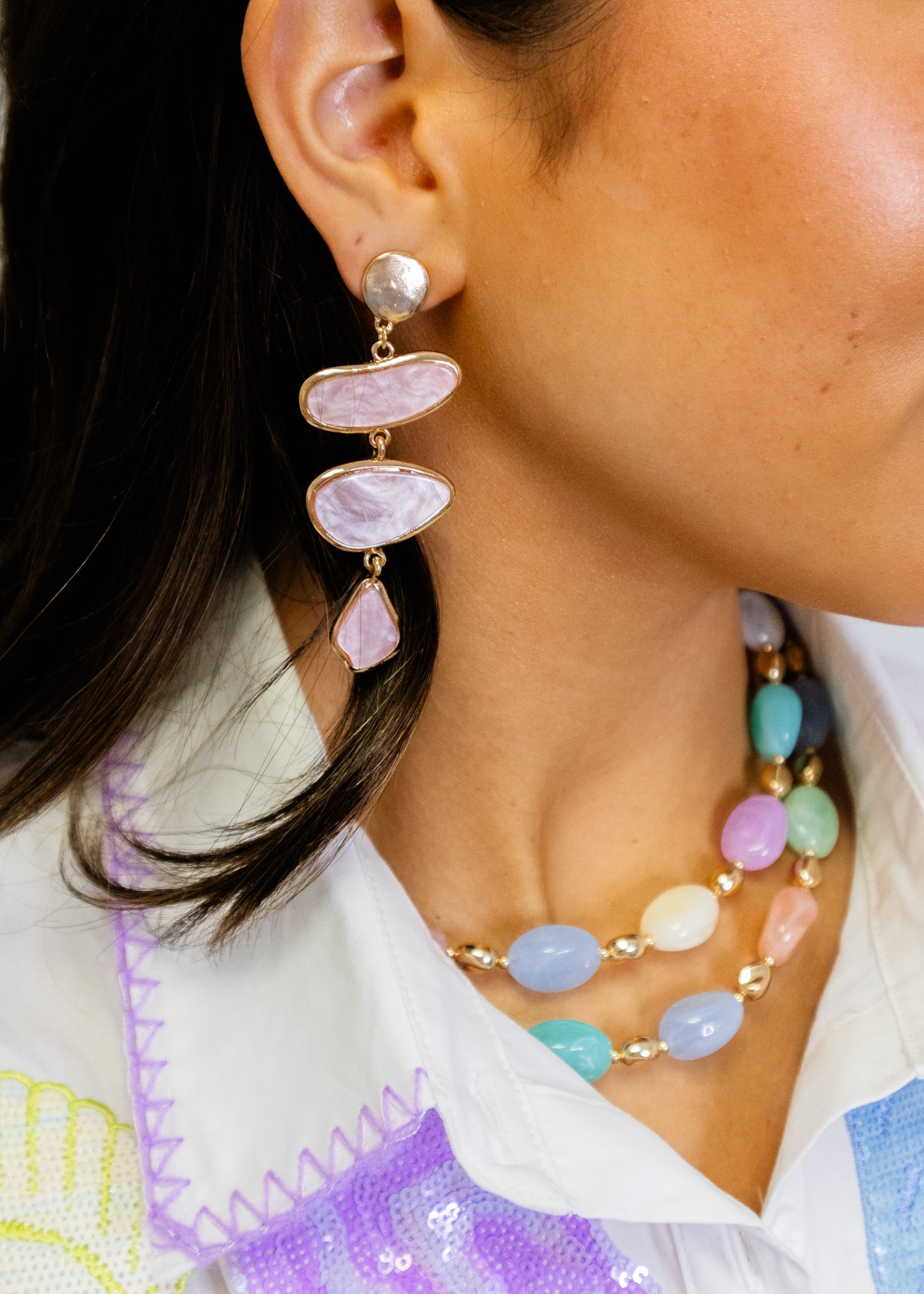 Pink Pearlescent Geometric Shape Post Drop Earrings