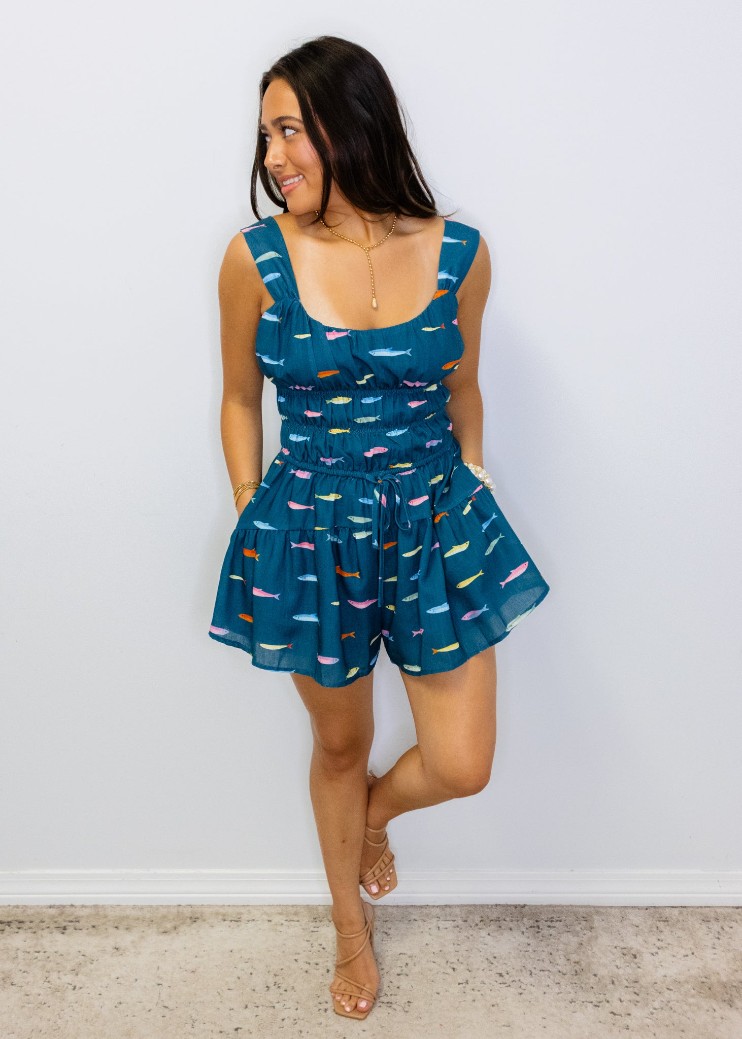 Dark Teal Fish Smocked Romper