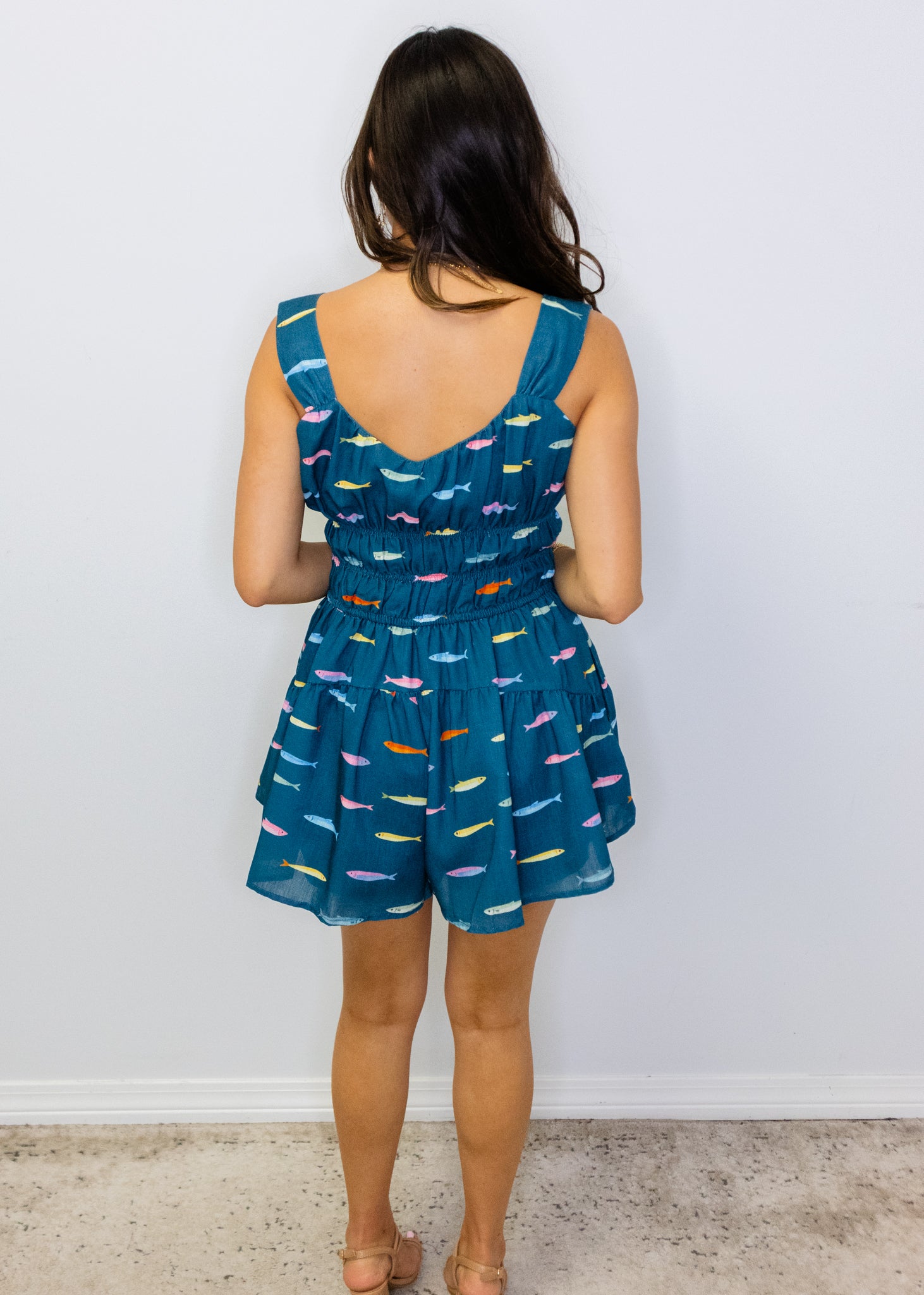 Dark Teal Fish Smocked Romper