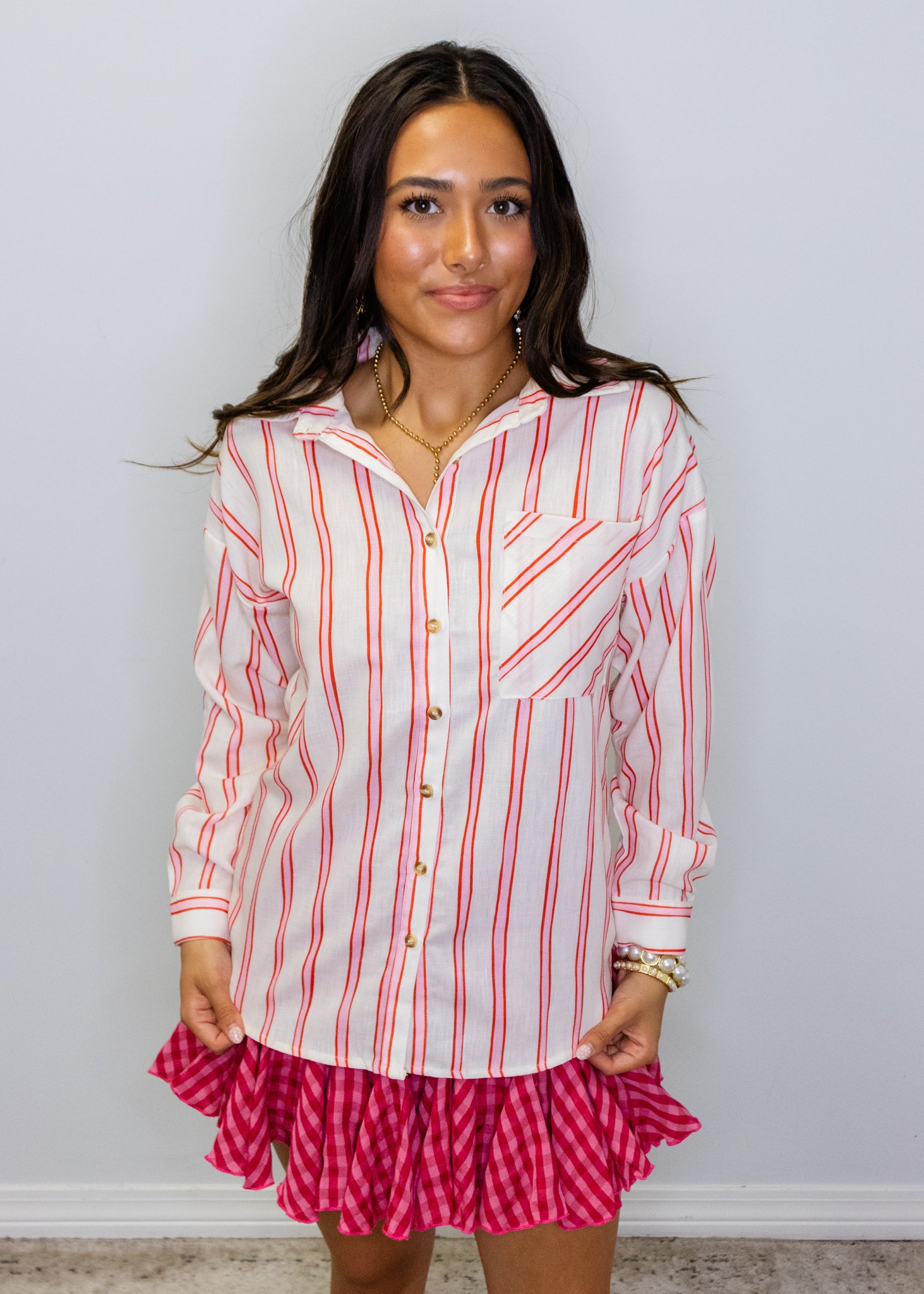 Red Stripe Button-Up Top