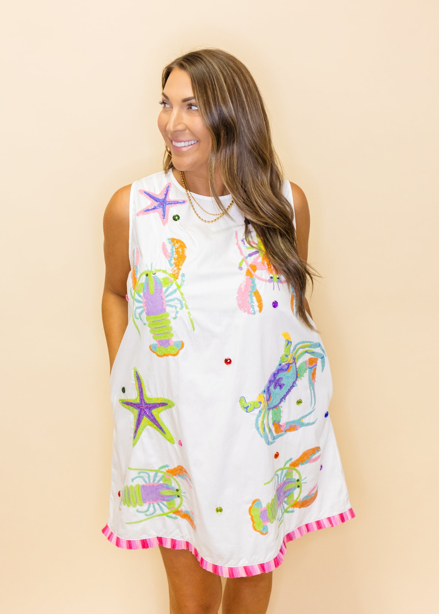 White Multi Crab, Starfish & Lobster Tank Fringe Dress