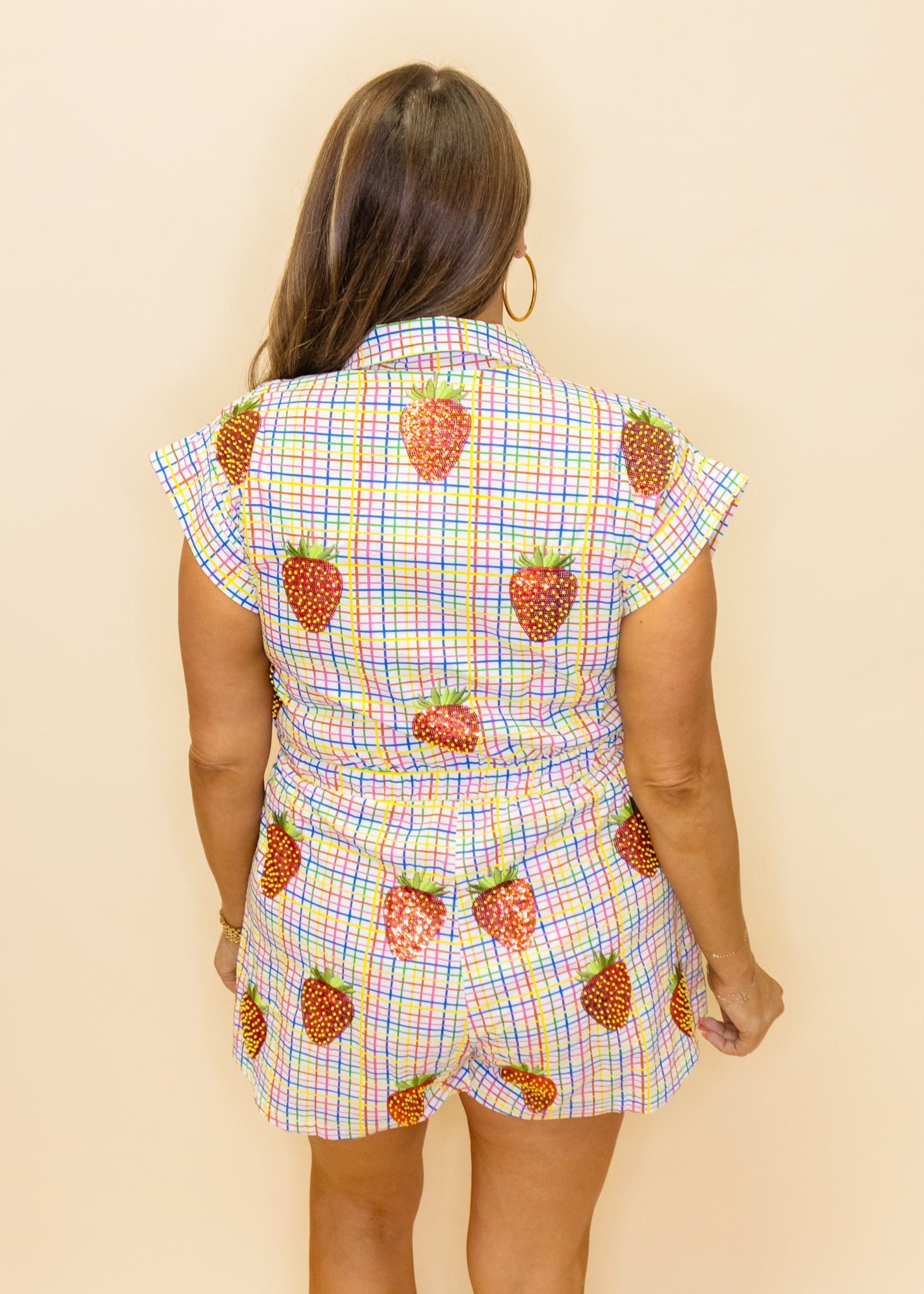 Rainbow Plaid Beaded Strawberry Cotton Romper