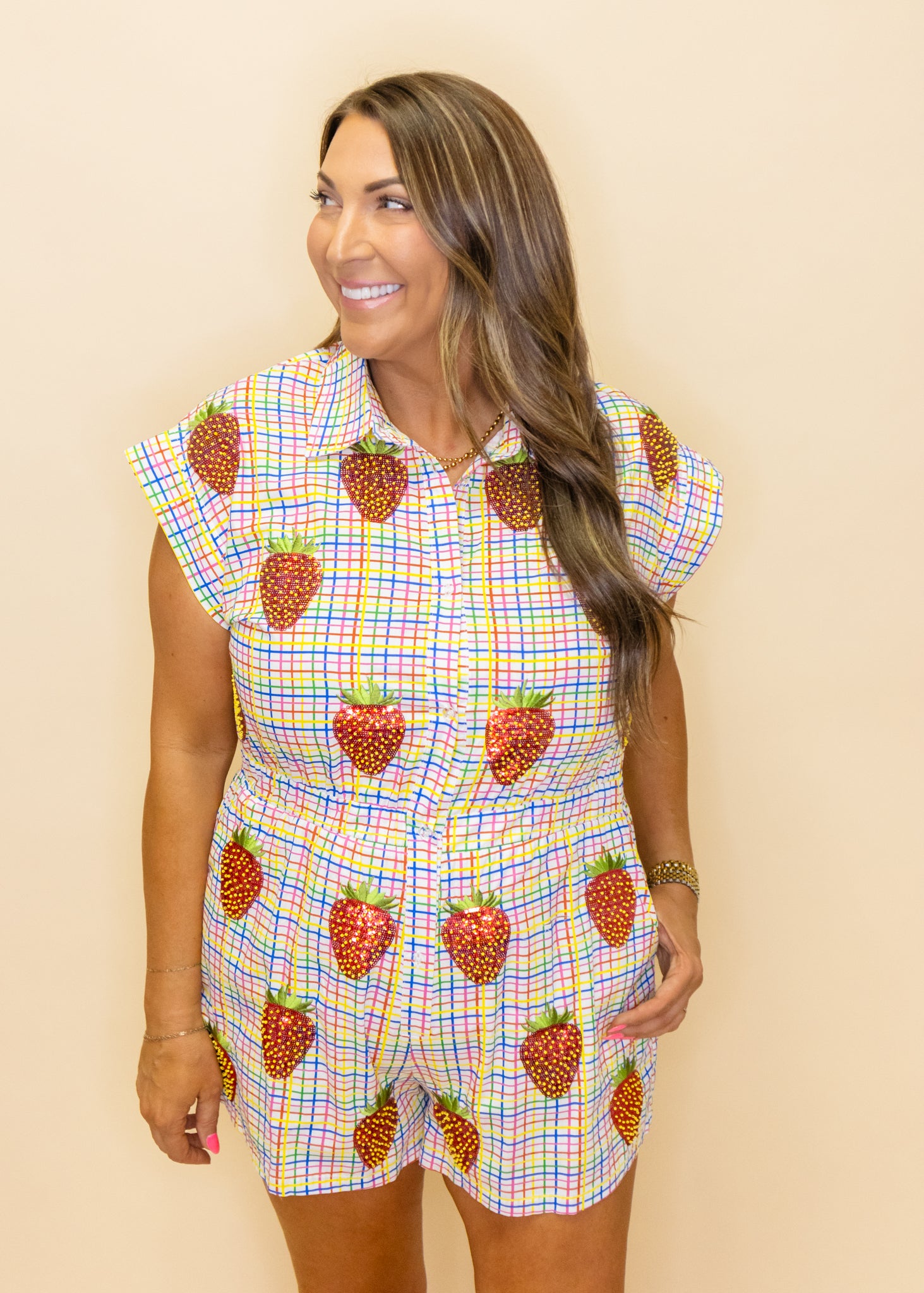 Rainbow Plaid Beaded Strawberry Cotton Romper