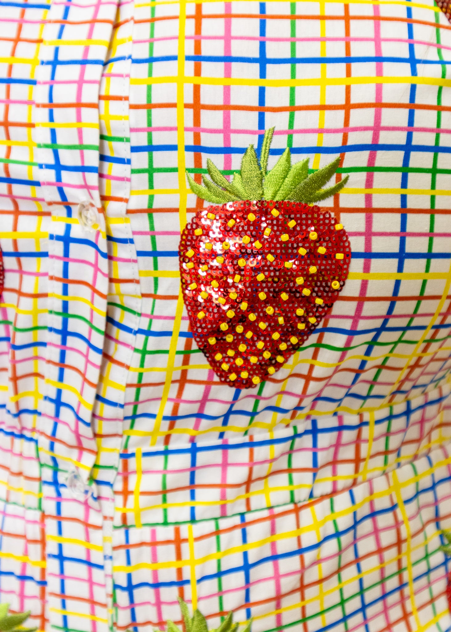 Rainbow Plaid Beaded Strawberry Cotton Romper