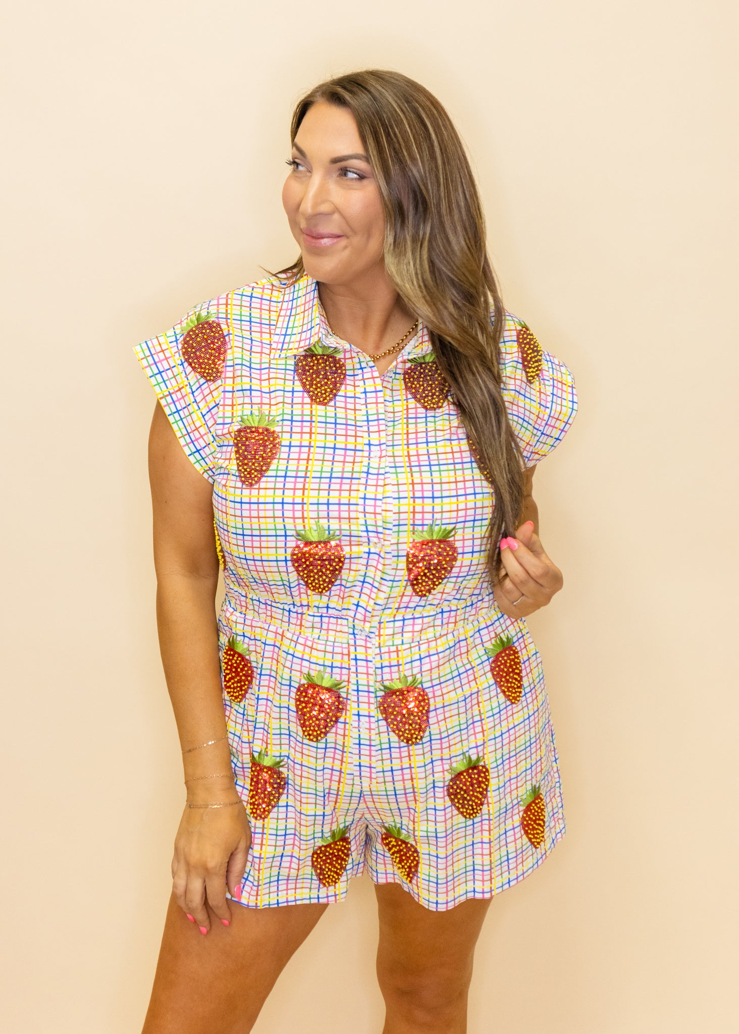 Rainbow Plaid Beaded Strawberry Cotton Romper