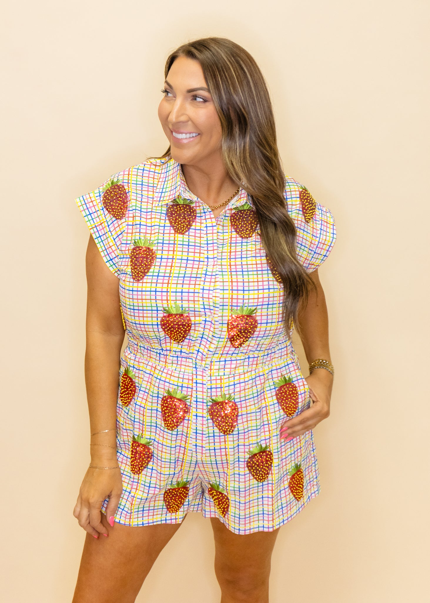 Rainbow Plaid Beaded Strawberry Cotton Romper