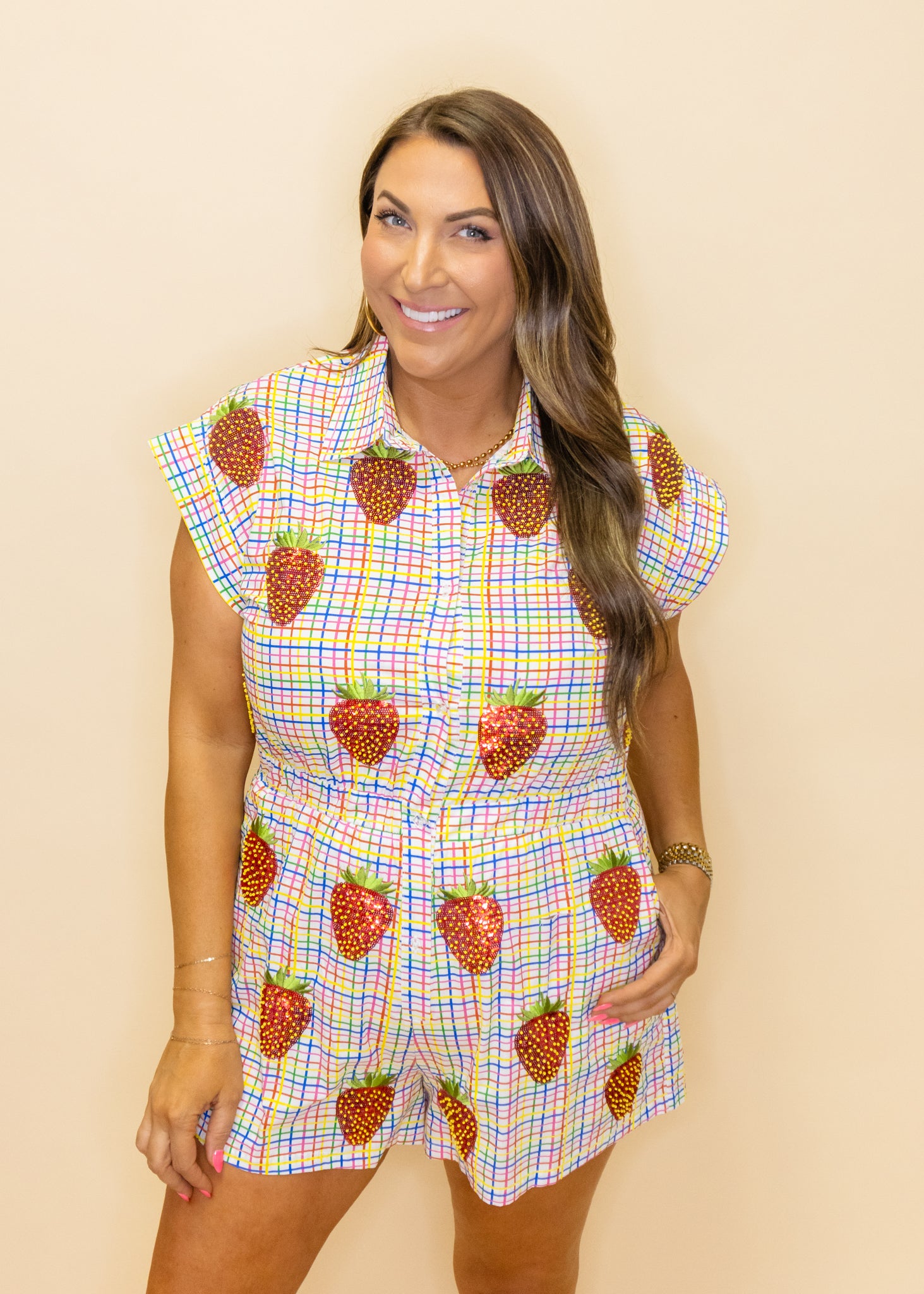 Rainbow Plaid Beaded Strawberry Cotton Romper